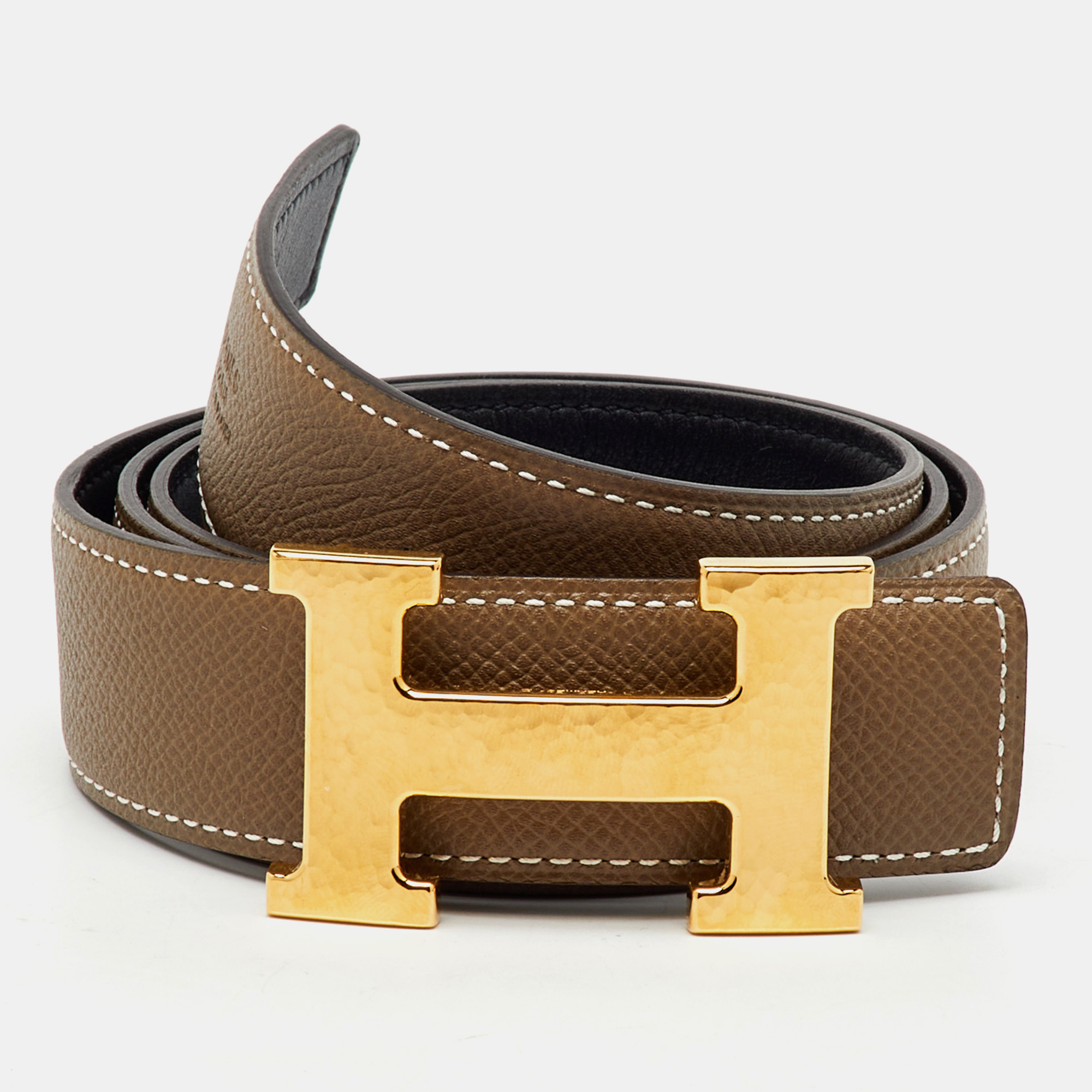 Hermes Etain/Black Epsom and Swift Leather H Buckle Reversible Belt 85CM, Brown
Hermes Etain/Black Epsom and Swift Leather H Buckle Reversible Belt 85CM, Brown