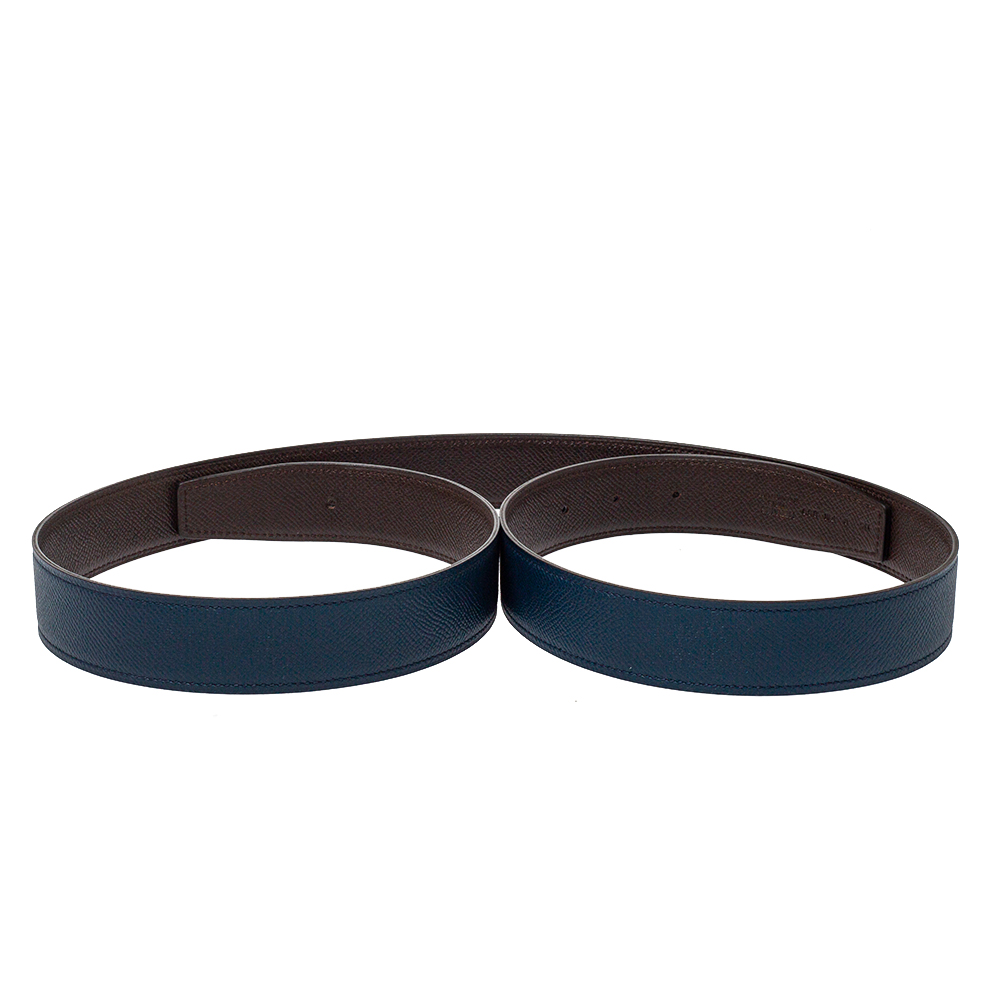 Hermes Blue/Brown Epsom Leather Reversible Belt Strap Size 115 CM