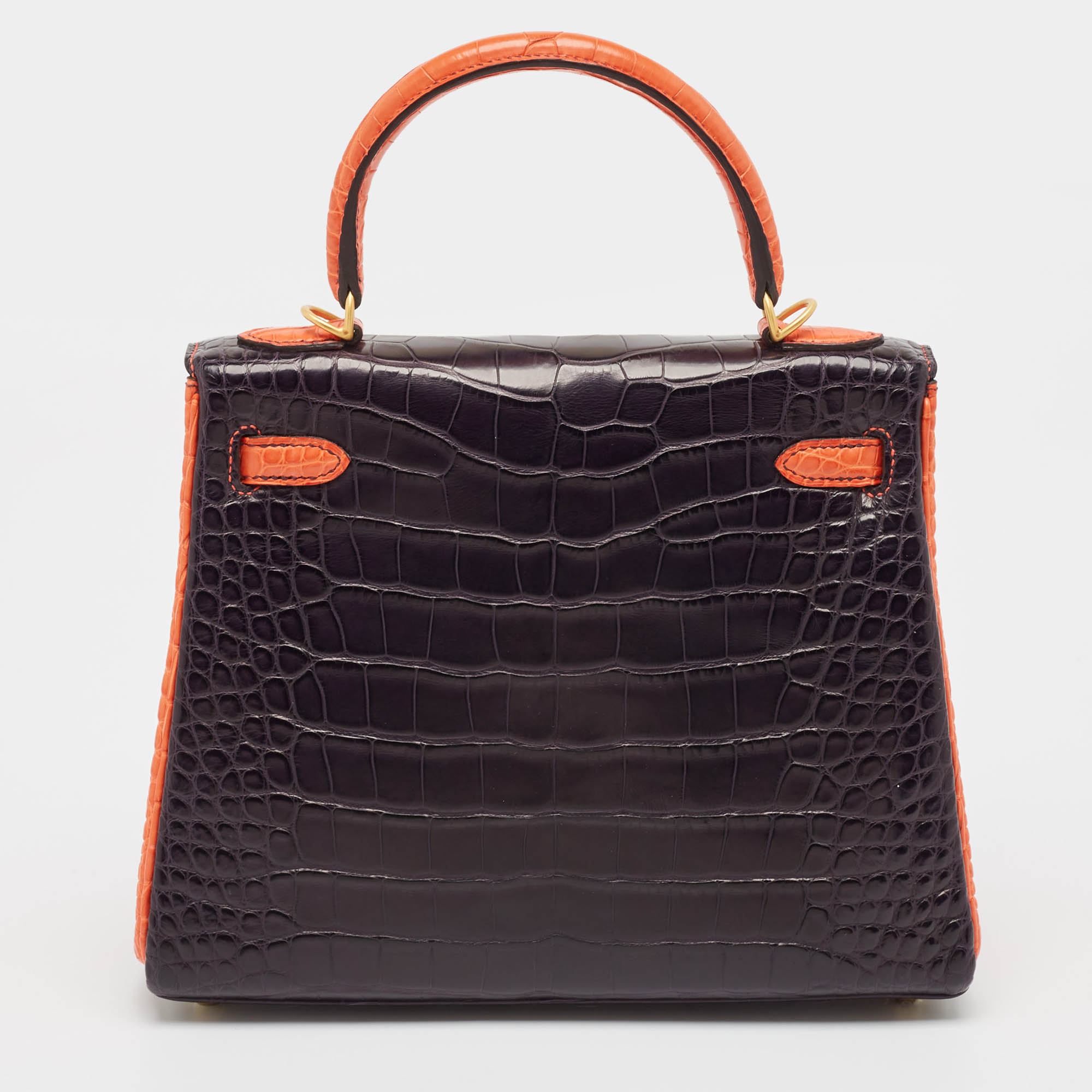 Hermès Orange Poppy/Amethyst Alligator Mississippiensis Gold Finish Kelly Retourne 25 Bag