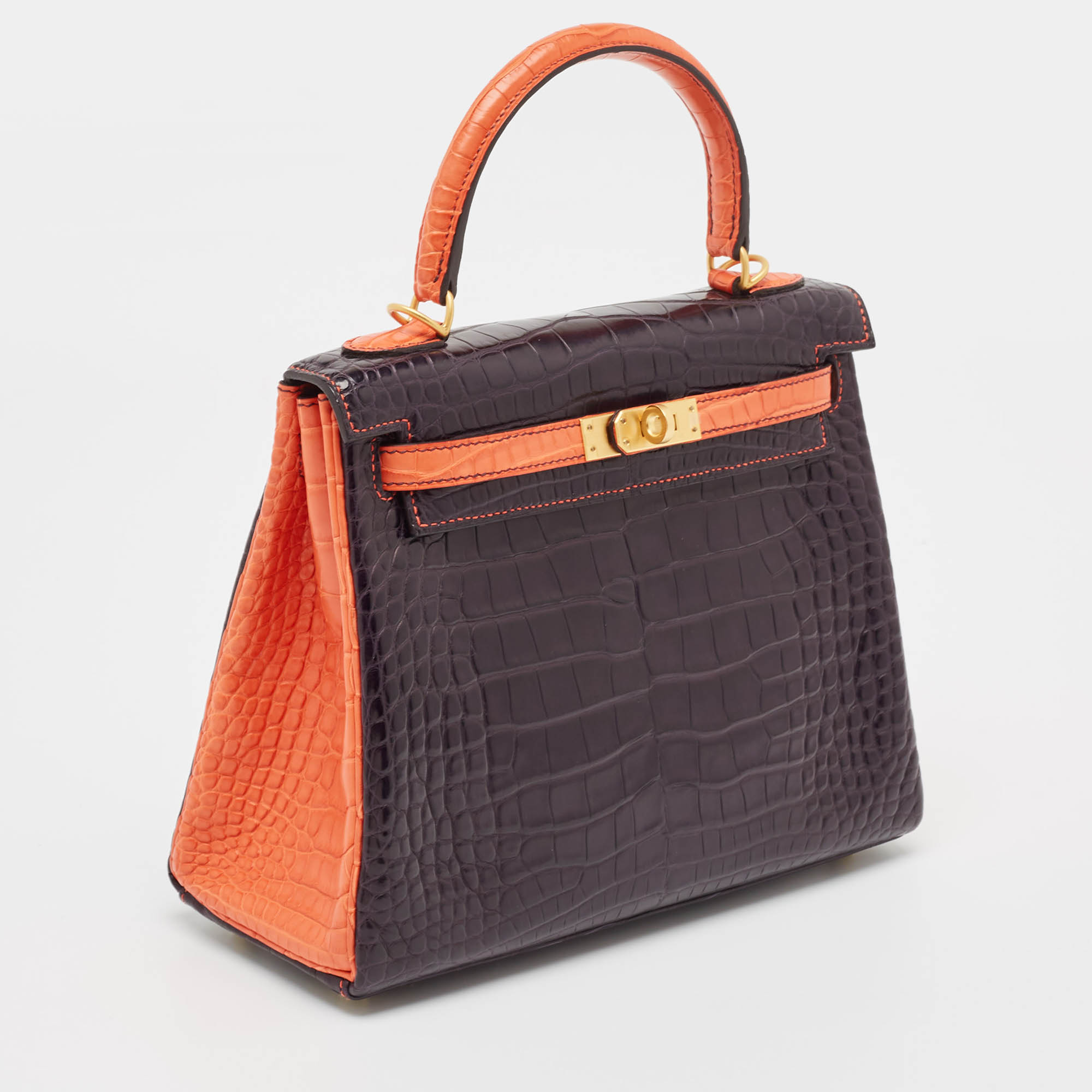 Hermès Orange Poppy/Amethyst Alligator Mississippiensis Gold Finish Kelly Retourne 25 Bag