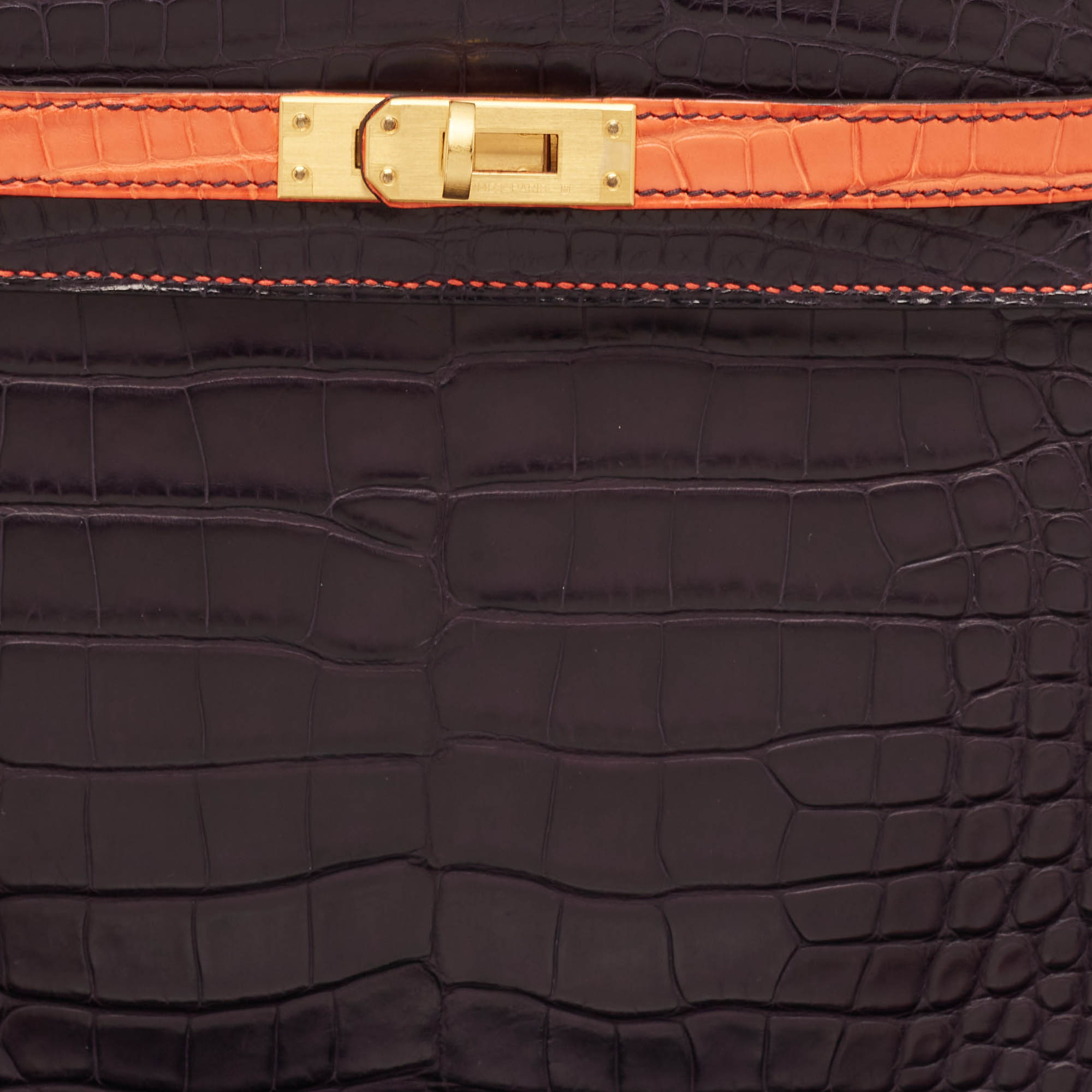 Hermès Orange Poppy/Amethyst Alligator Mississippiensis Gold Finish Kelly Retourne 25 Bag