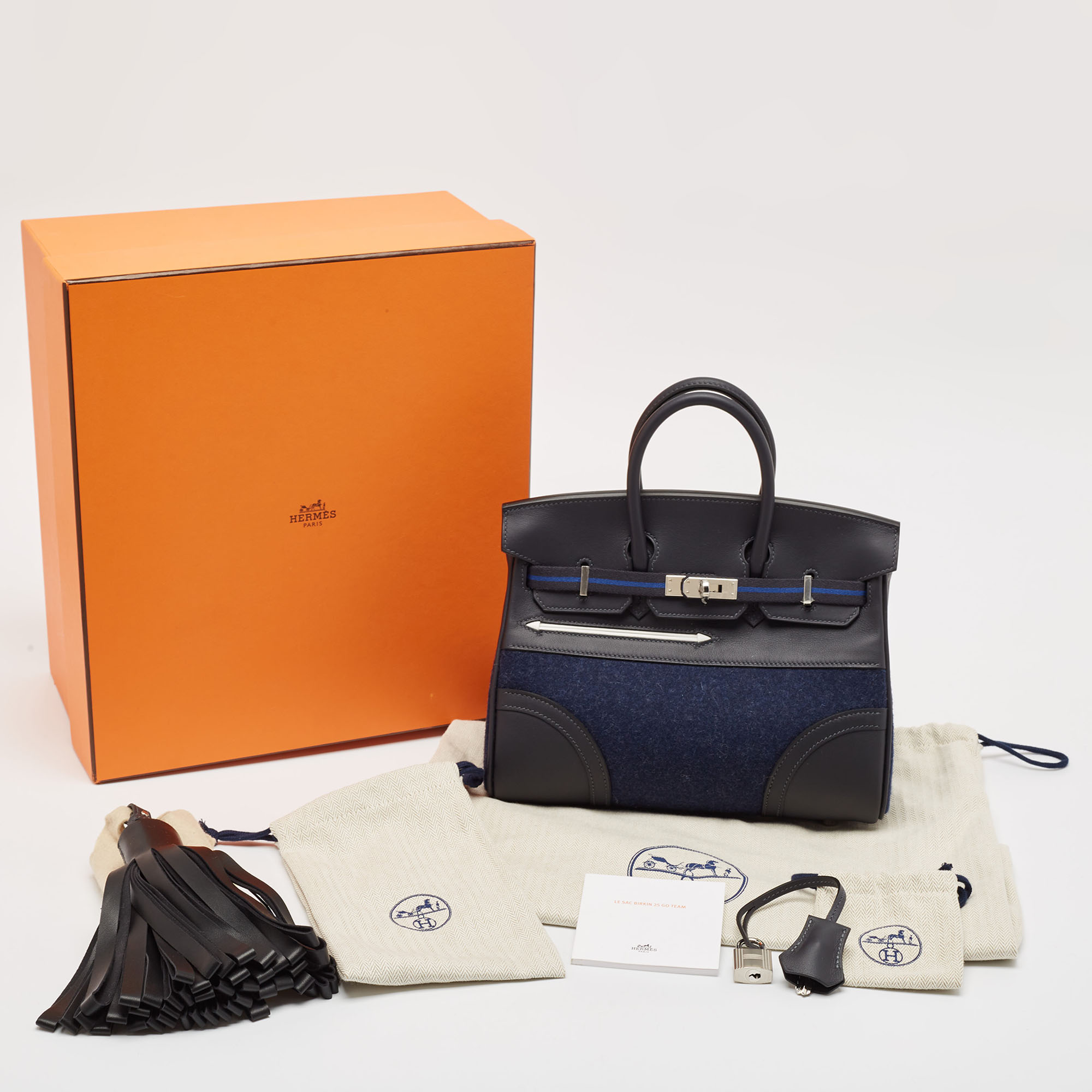 Hermes Caban/Bleu Nuit Swift Leather And Feutre Palladium Finish Limited Edition Birkin 25 Go Team Bag