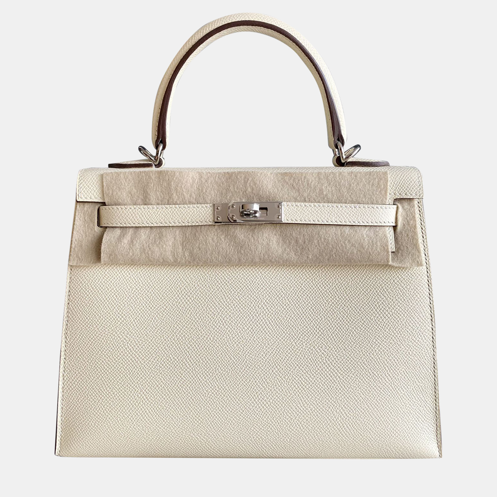 Hermes Ivory Epsom Leather Palladium Finish Kelly 25, Cream
Hermes Ivory Epsom Leather Palladium Finish Kelly 25, Cream
