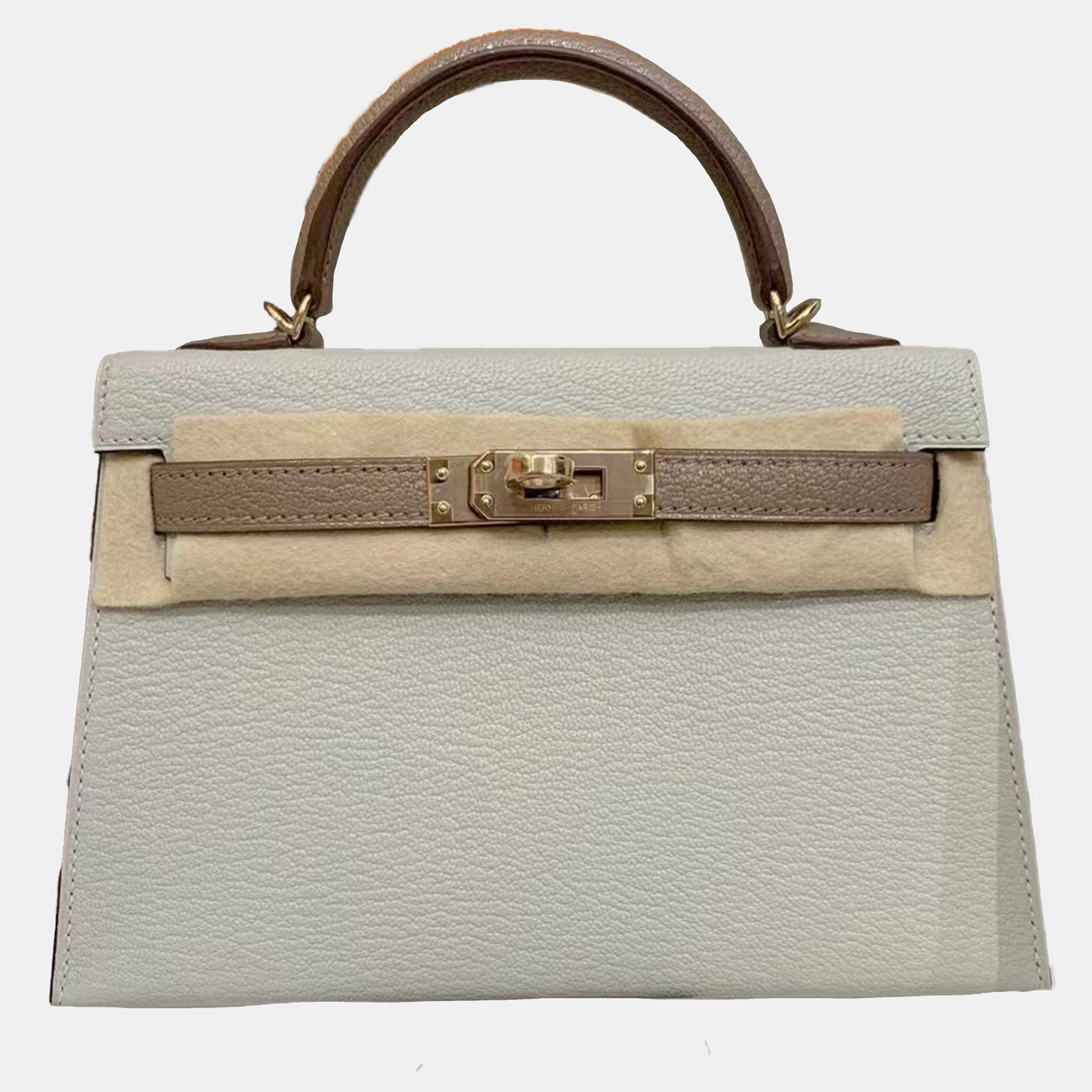 Hermes Pearl Grey And Etoupe Grey Goat Leather Mini Kelly II Top Handle Bag