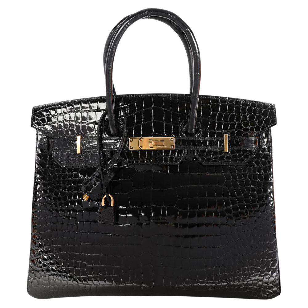 Hermès Black Shiny Porosus Crocodile Leather Gold Hardware Birkin 35 Bag