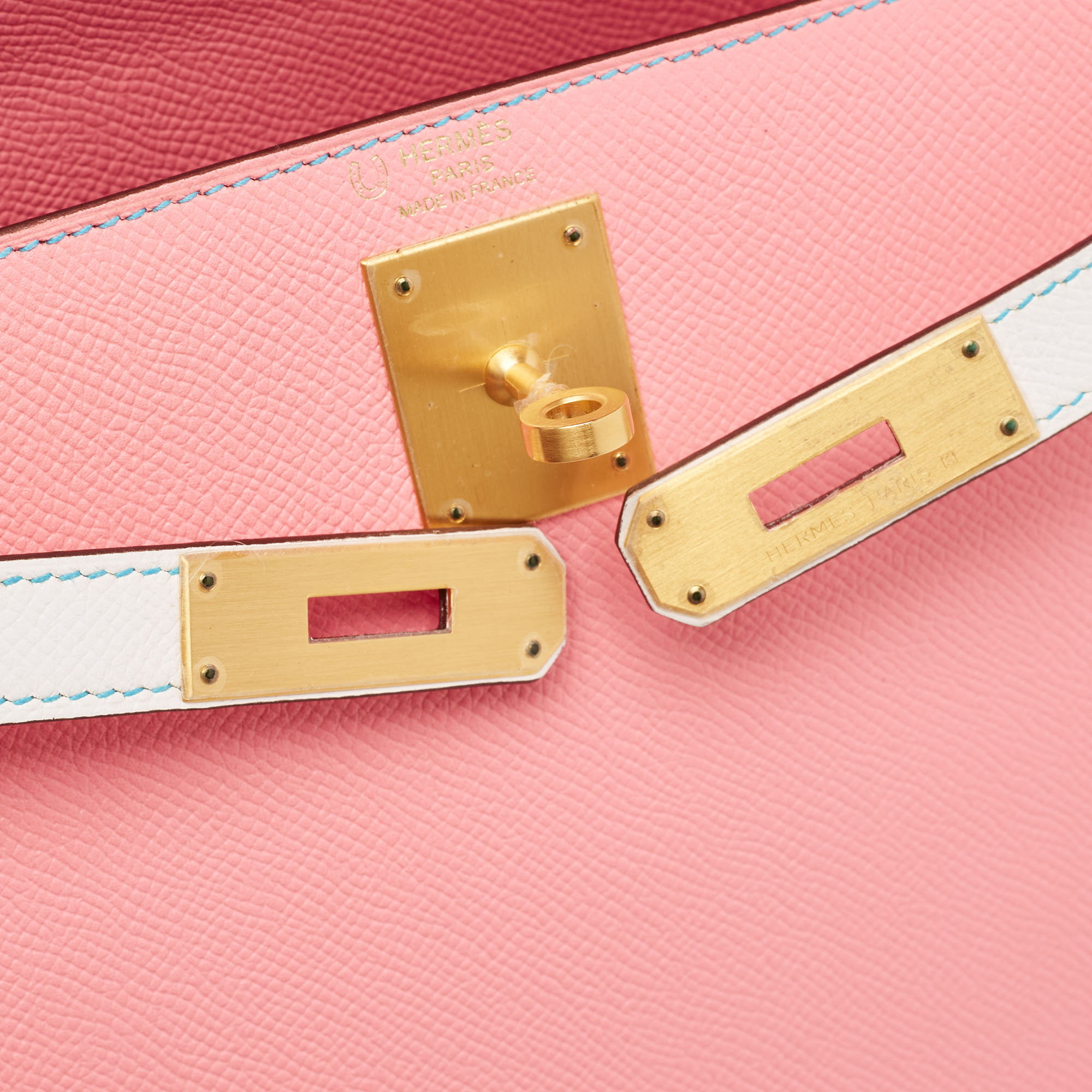 Hermes Rose Confetti/Mykonos/Blanc Epsom Leather Brushed Gold Finish Kelly Sellier 28 Bag