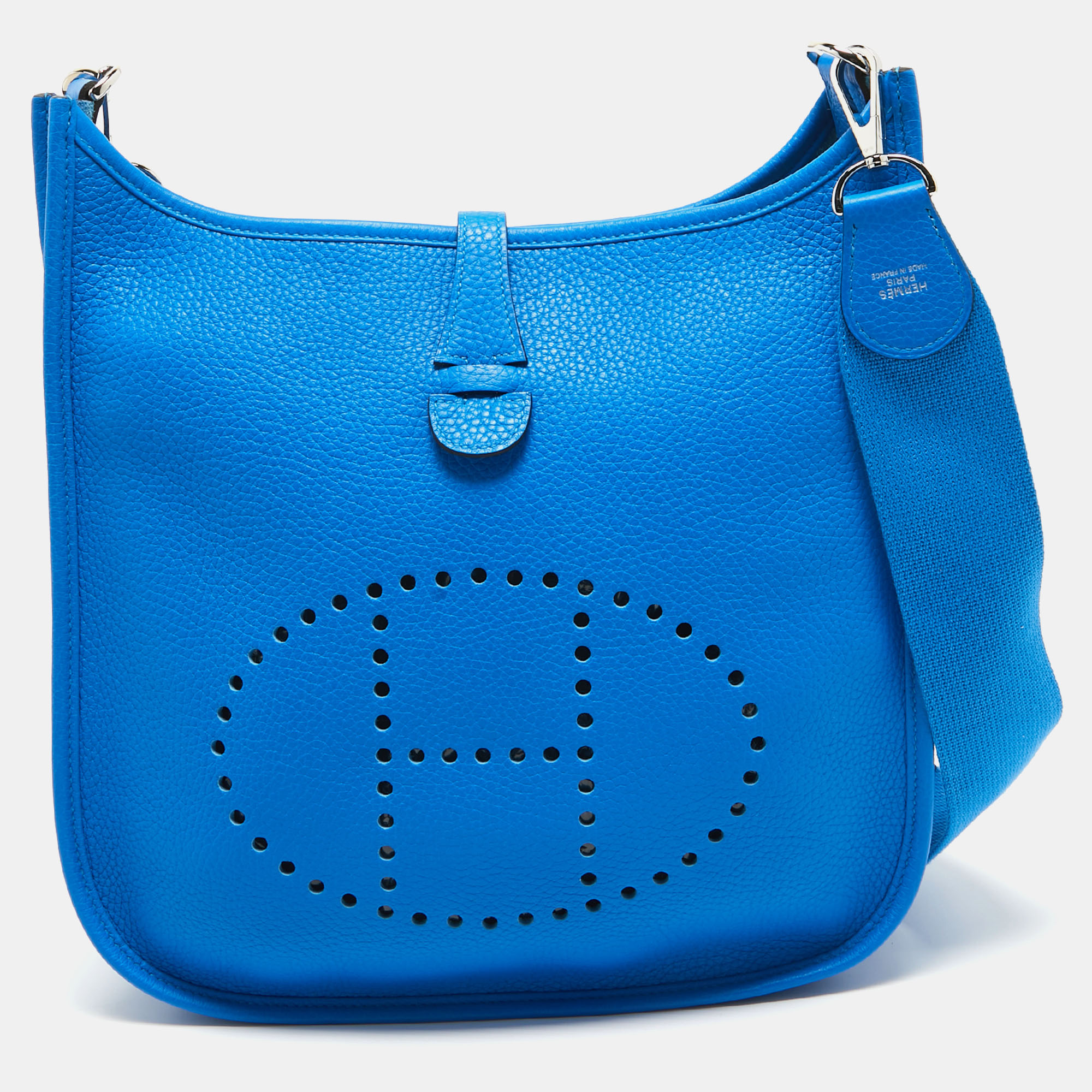 Hermès Bleu Zanzibar Taurillon Clemence Leather Evelyne III PM Bag