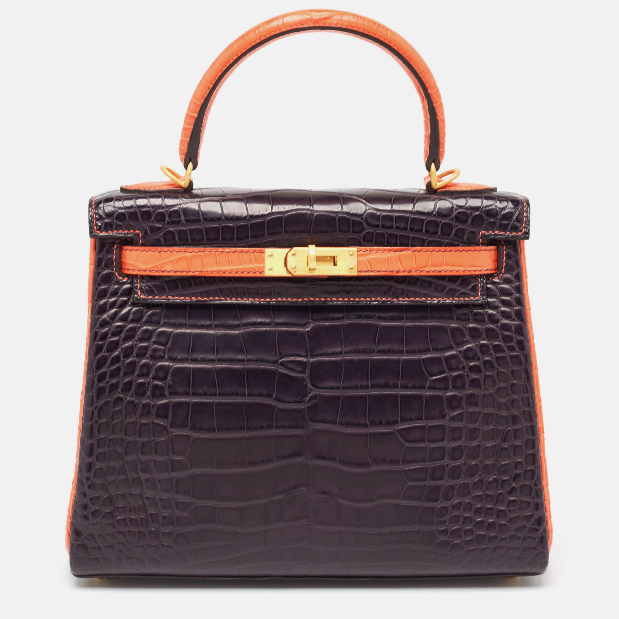 Hermes herm&egrave;s orange poppy/amethyst alligator gold finish made to order kelly retourne 25 bag