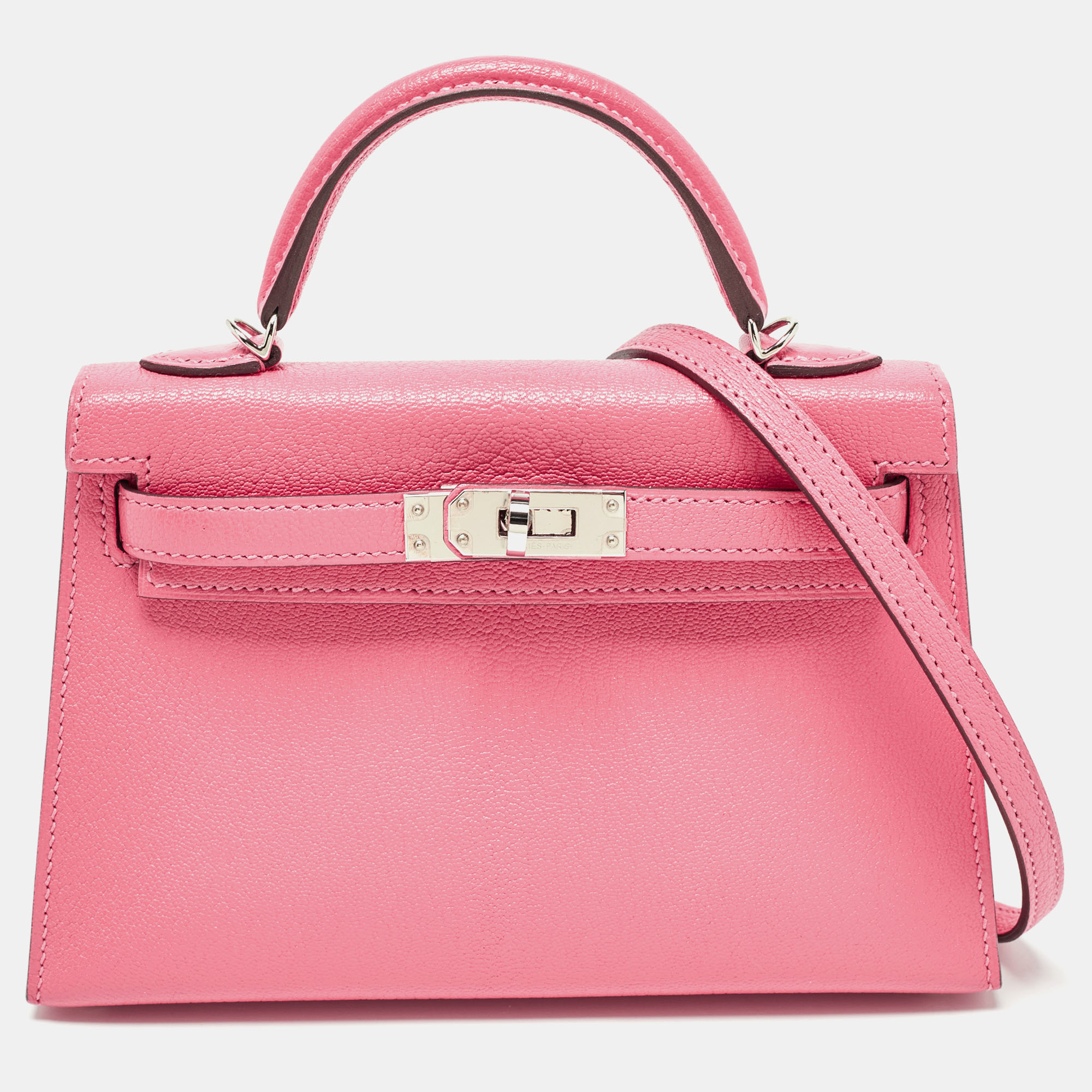 Hermes herm&egrave;s rose confetti chevre mysore leather palladium finish mini kelly ii sellier 20 bag