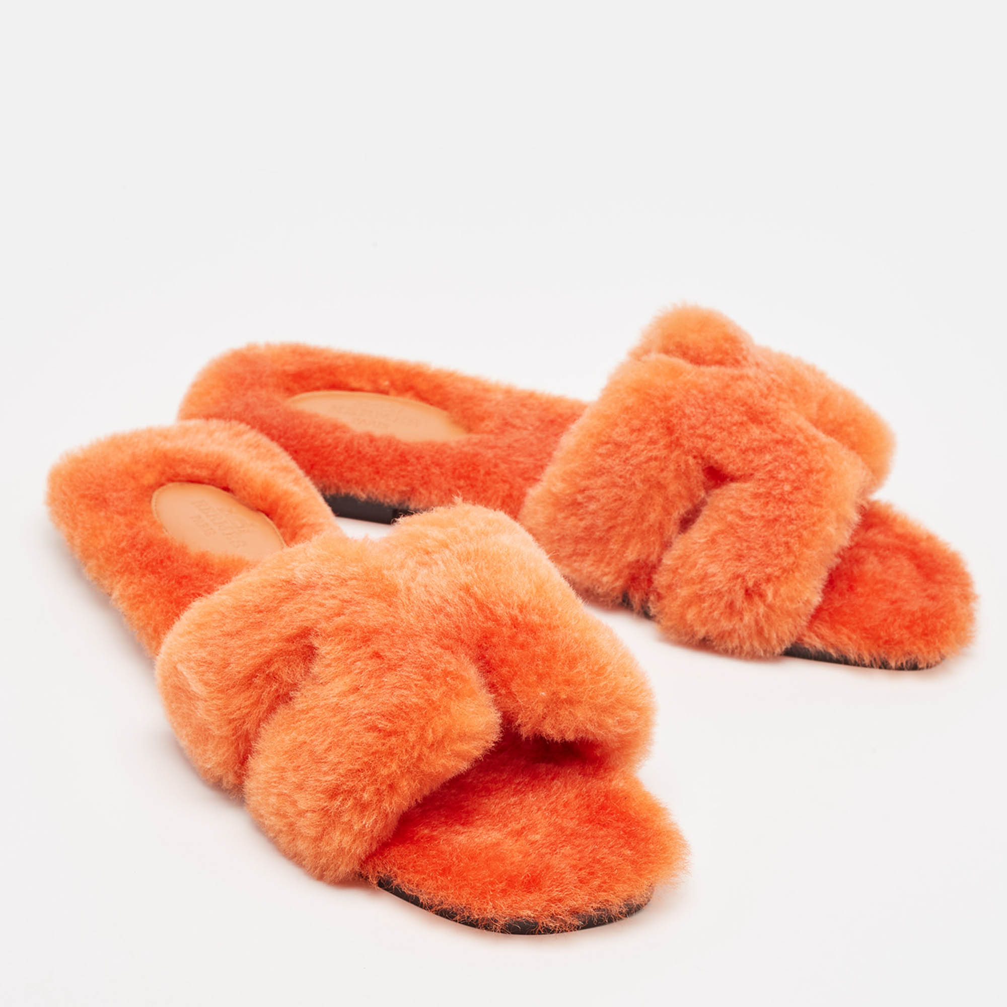 Hermes Orange Shearling Fur Oran Flat Slides Size 37.5