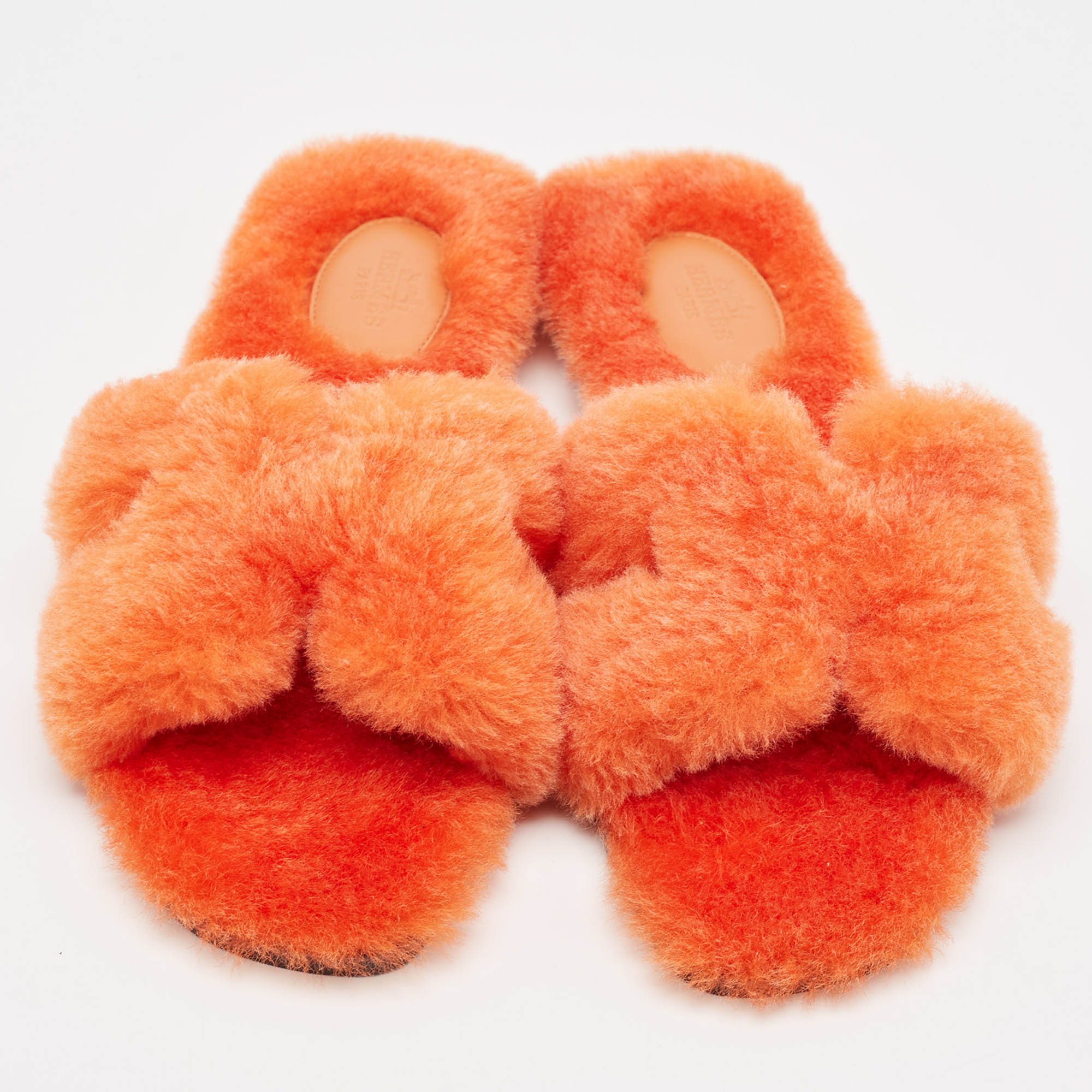 Hermes Orange Shearling Fur Oran Flat Slides Size 37.5