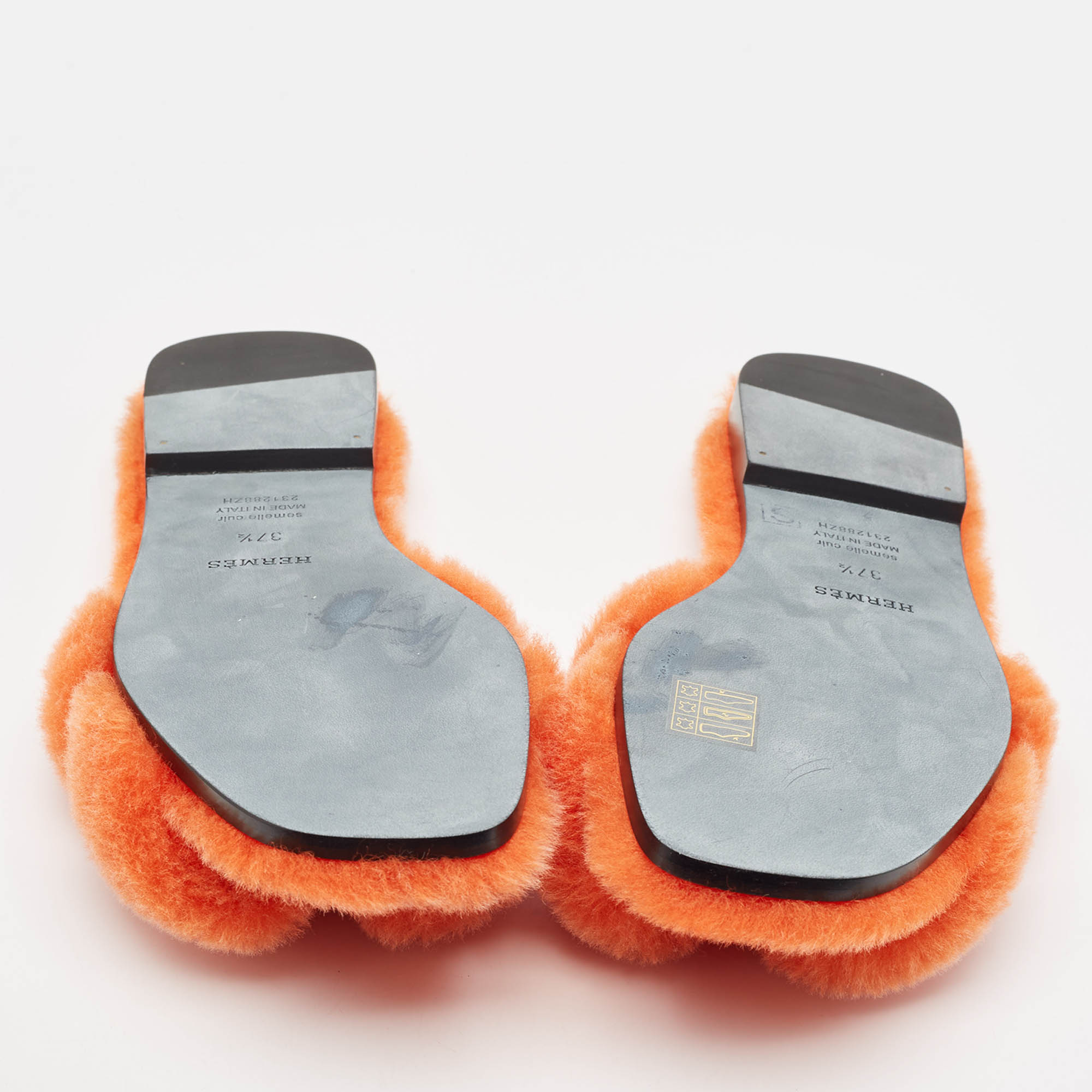 Hermes Orange Shearling Fur Oran Flat Slides Size 37.5