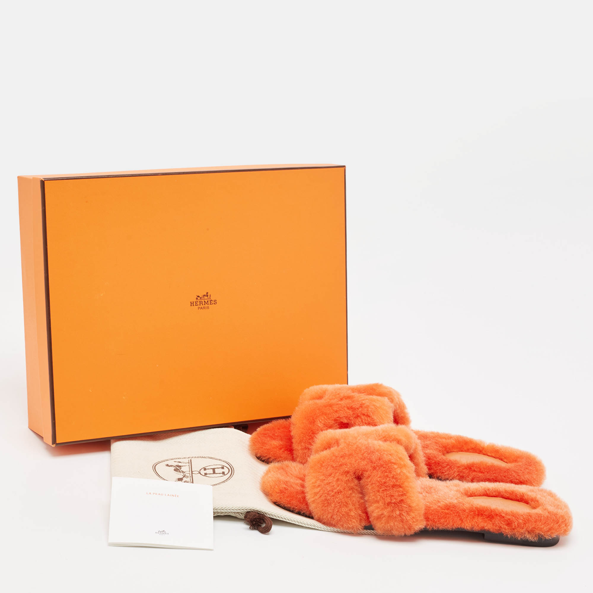 Hermes Orange Shearling Fur Oran Flat Slides Size 37.5