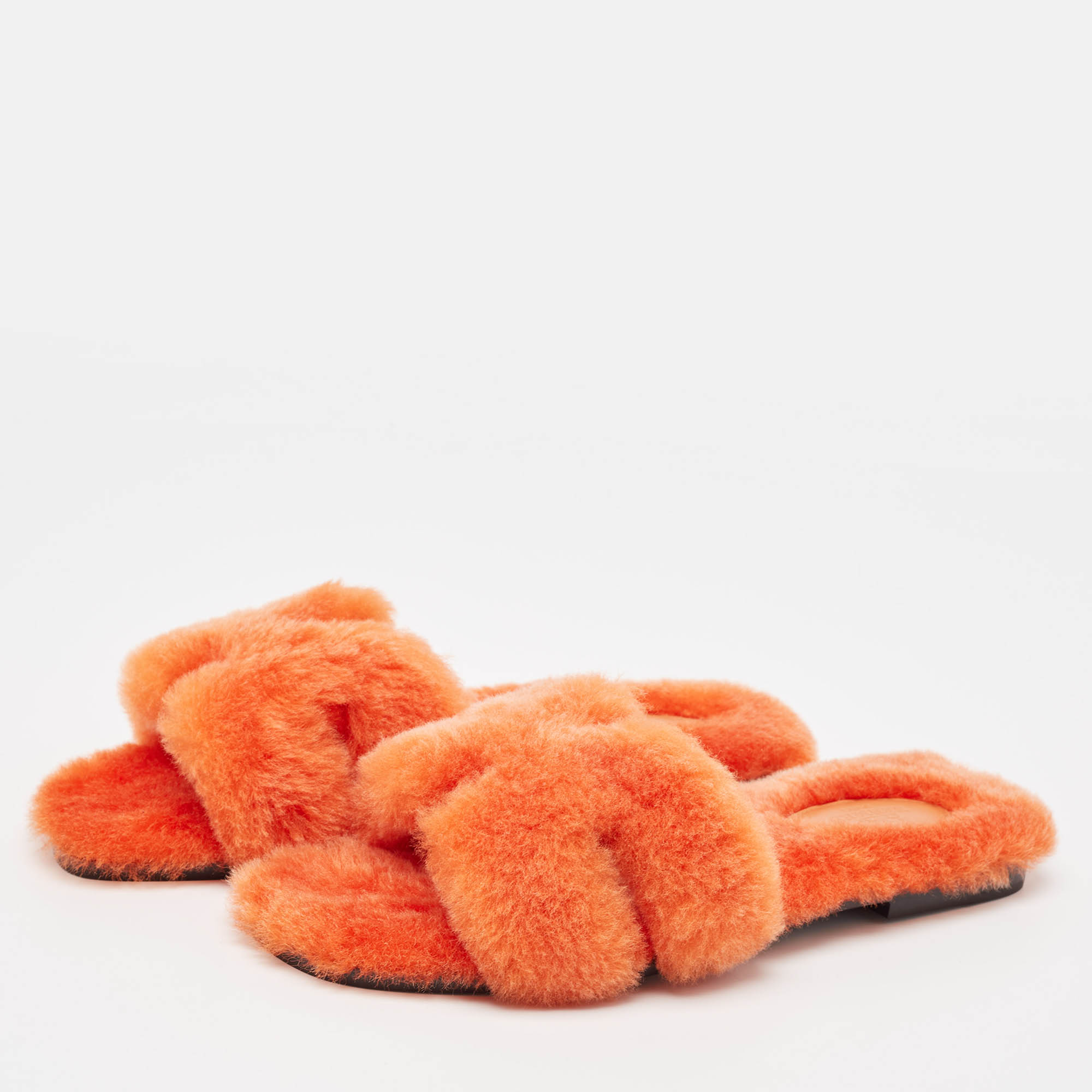 Hermes Orange Shearling Fur Oran Flat Slides Size 37.5