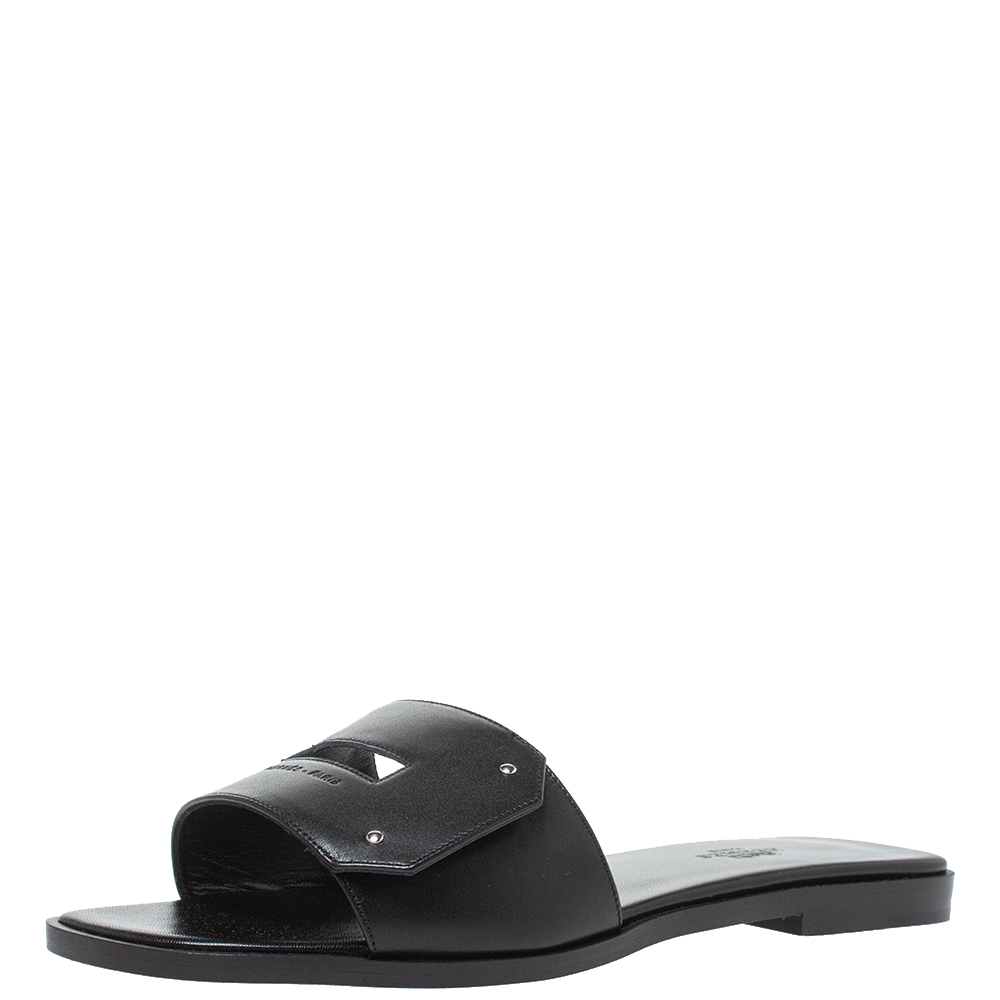 Image of Hermes Black Leather View Slide Sandals Size