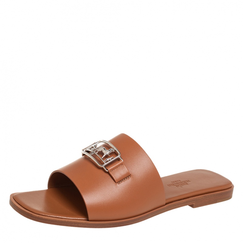 Hermes Brown Leather Villa Flat Slides Sandals Size 37.5