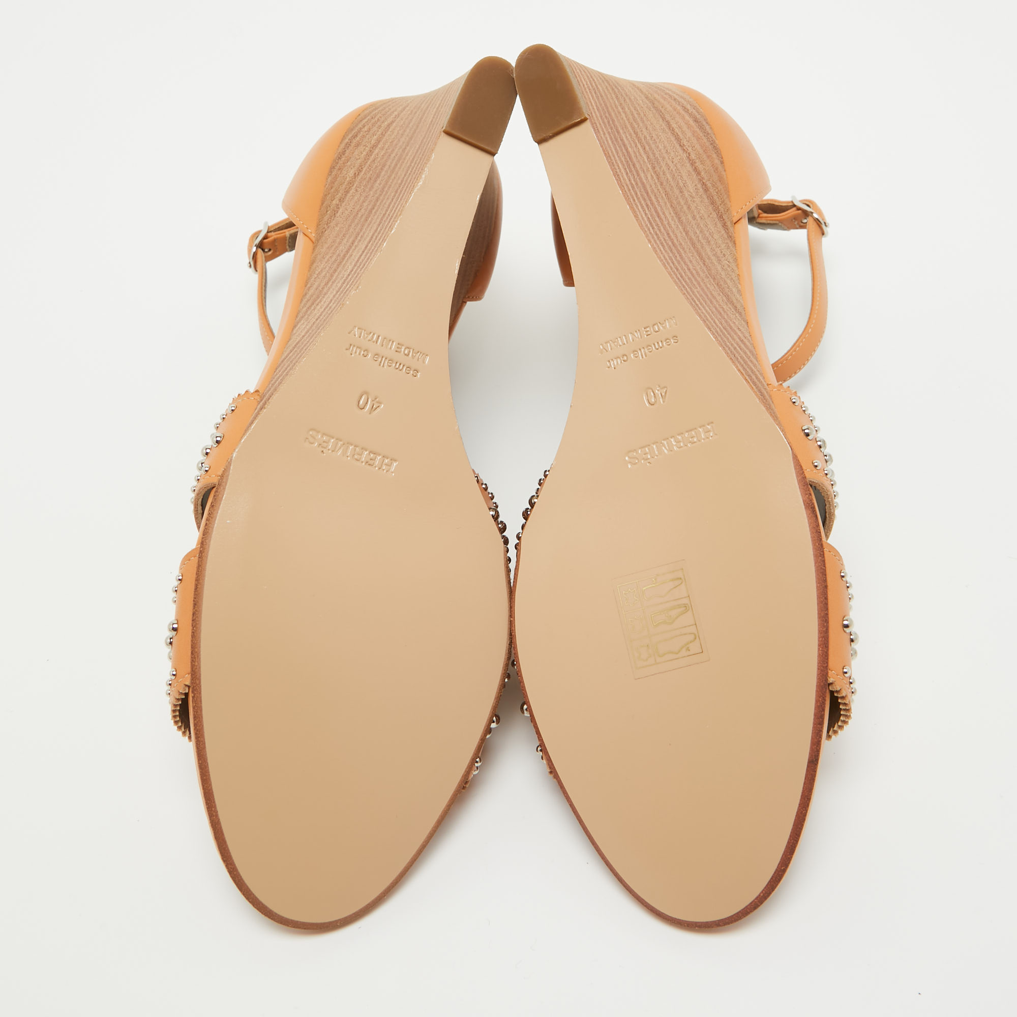 Hermes Orange Studded Leather Legend Wedge Sandals Size 40