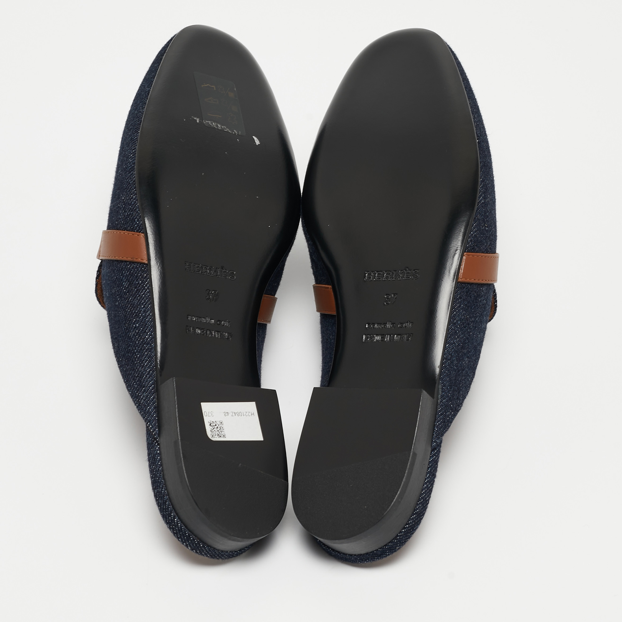 Hermes Navy Blue/Tan Denim And Leather Oz Flat Mules Size 37