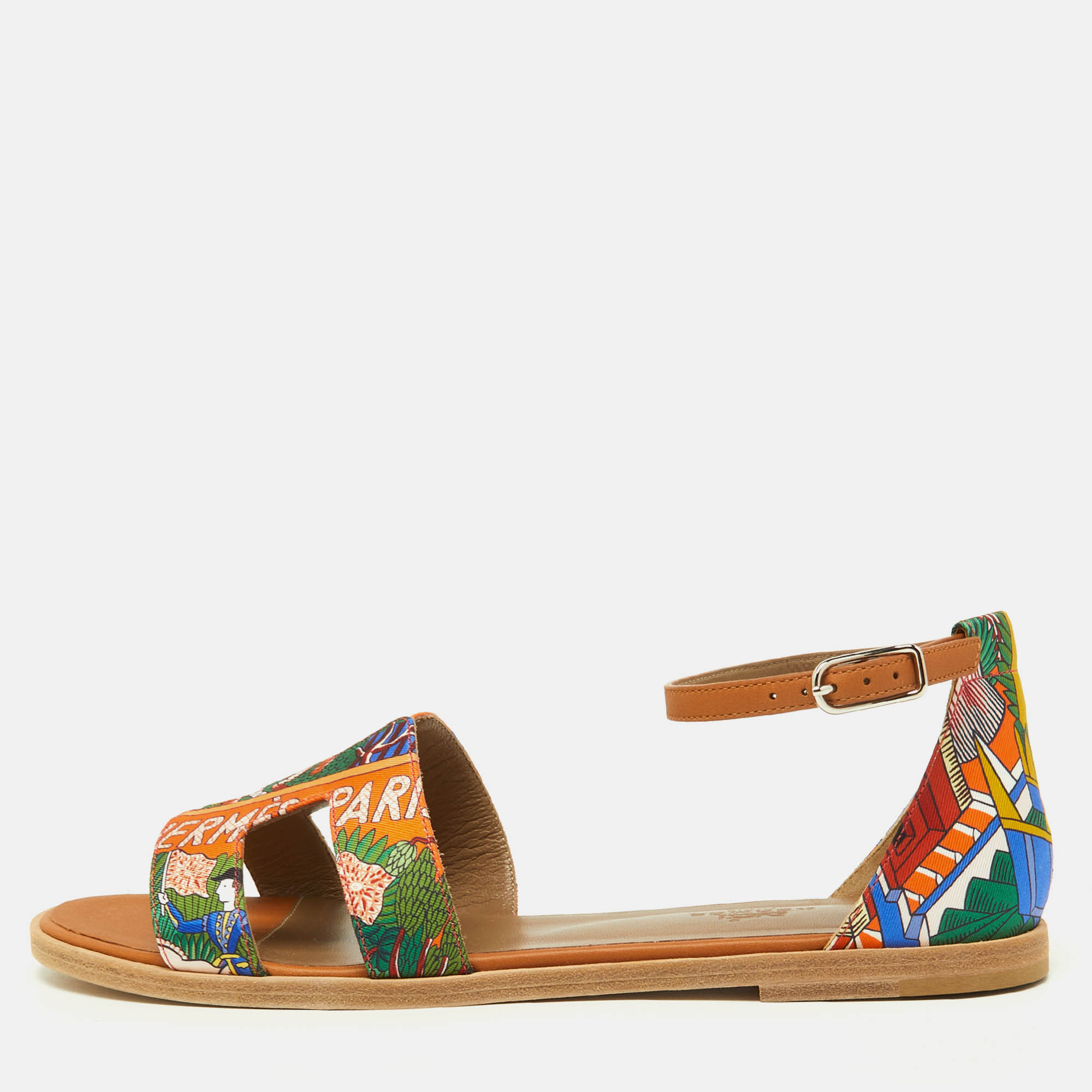 Hermes multicolor silk and leather santorini ankle strap sandals size 37