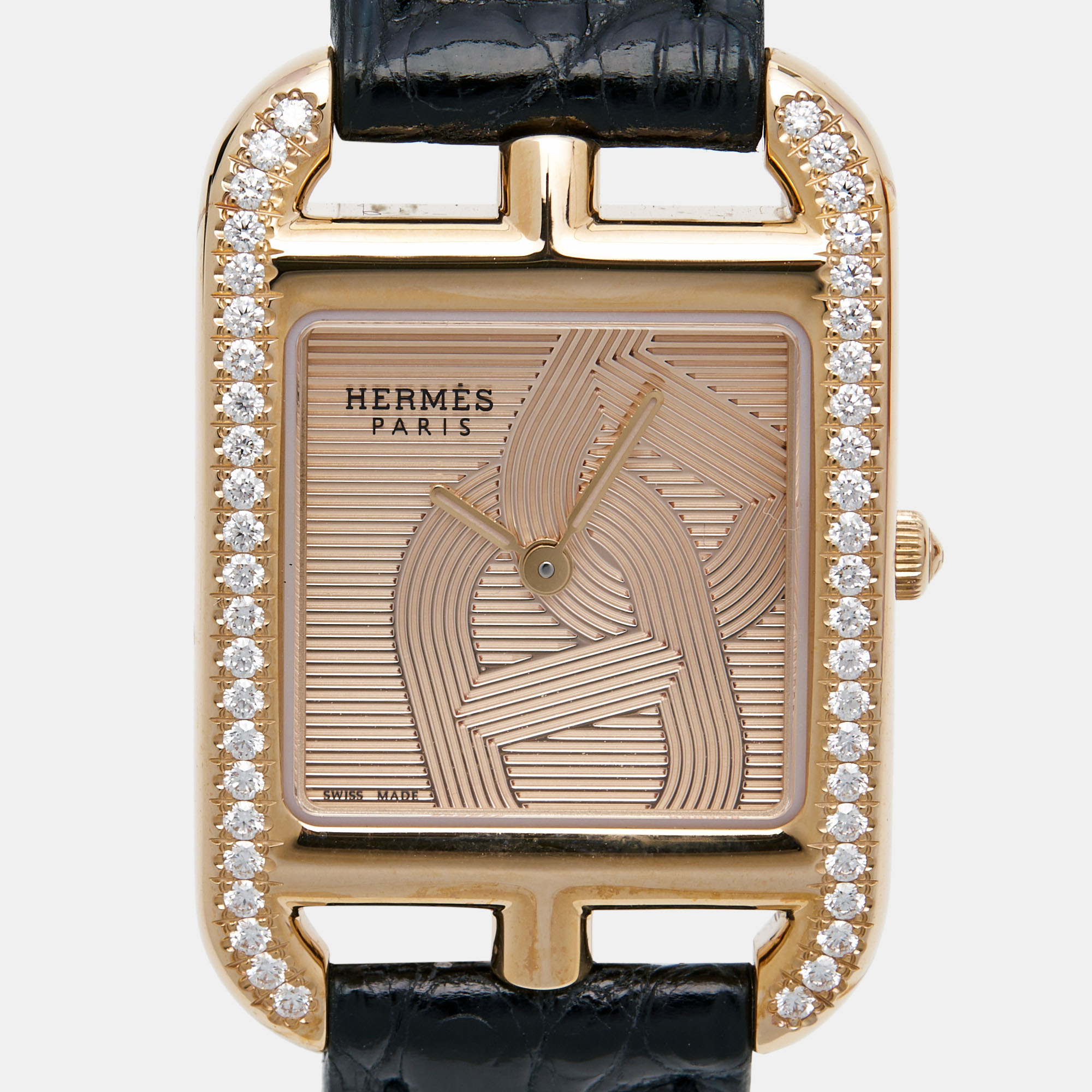 Hermès  Champagne 18K Rose Gold Alligator Leather Diamond Cape Cod CC1.371 Women's Wristwatch 23 Mm