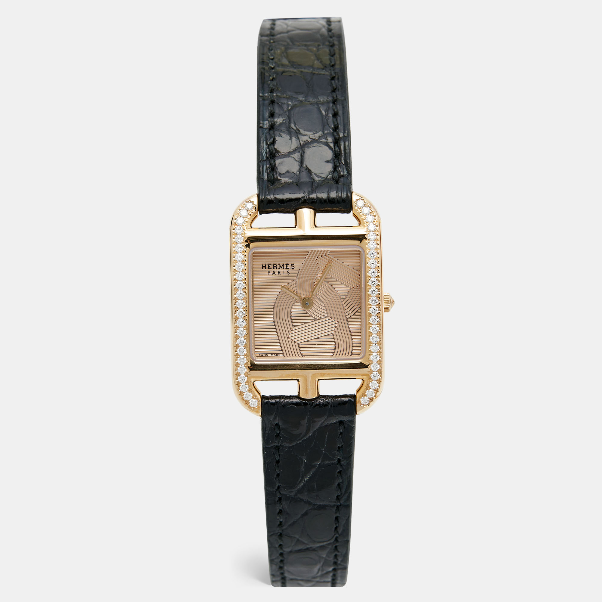Hermes herm&egrave;s  champagne 18k rose gold alligator leather diamond cape cod cc1.371 women's wristwatch 23 mm