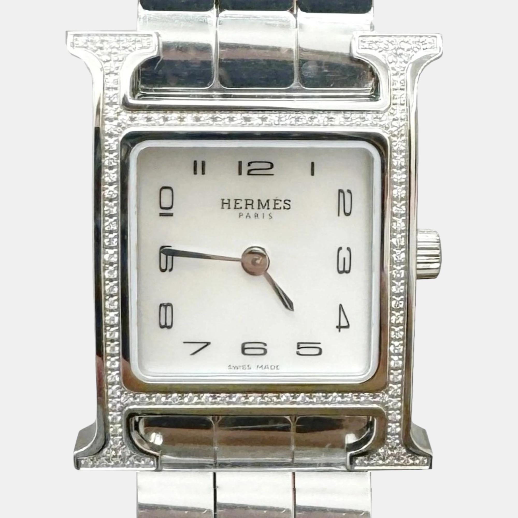 Hermes silver stainless steel heure h hh1.235 quartz women's wristwatch 21 mm