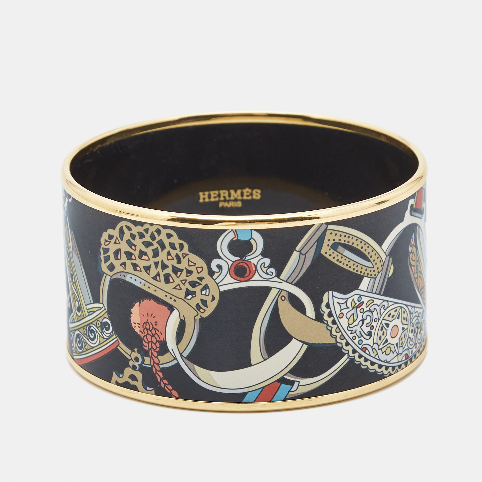 Hermes  concours d'etriers printed enamel gold plated extra wide bracelet