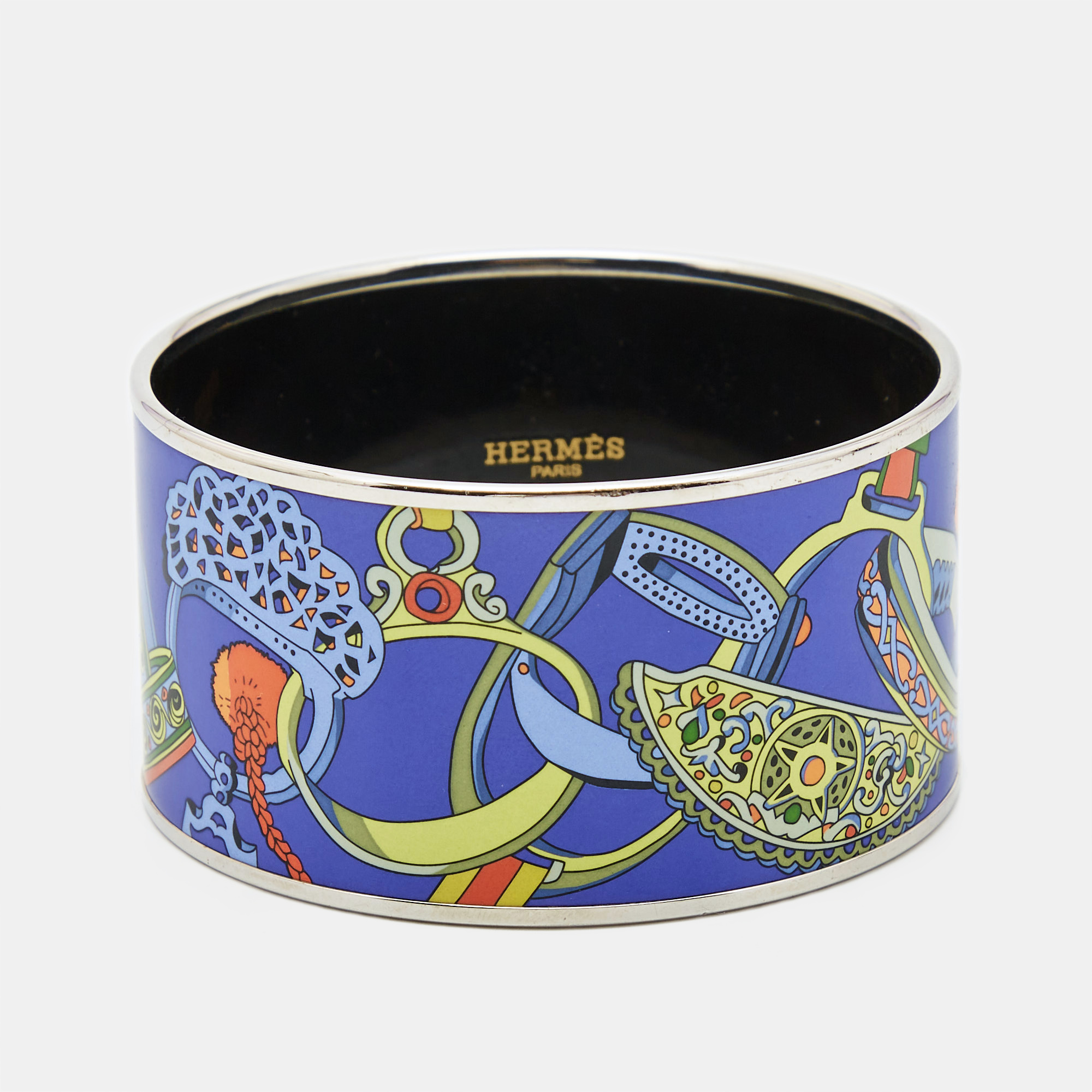 Hermes concours d'etriers printed enamel gold plated extra wide bracelet