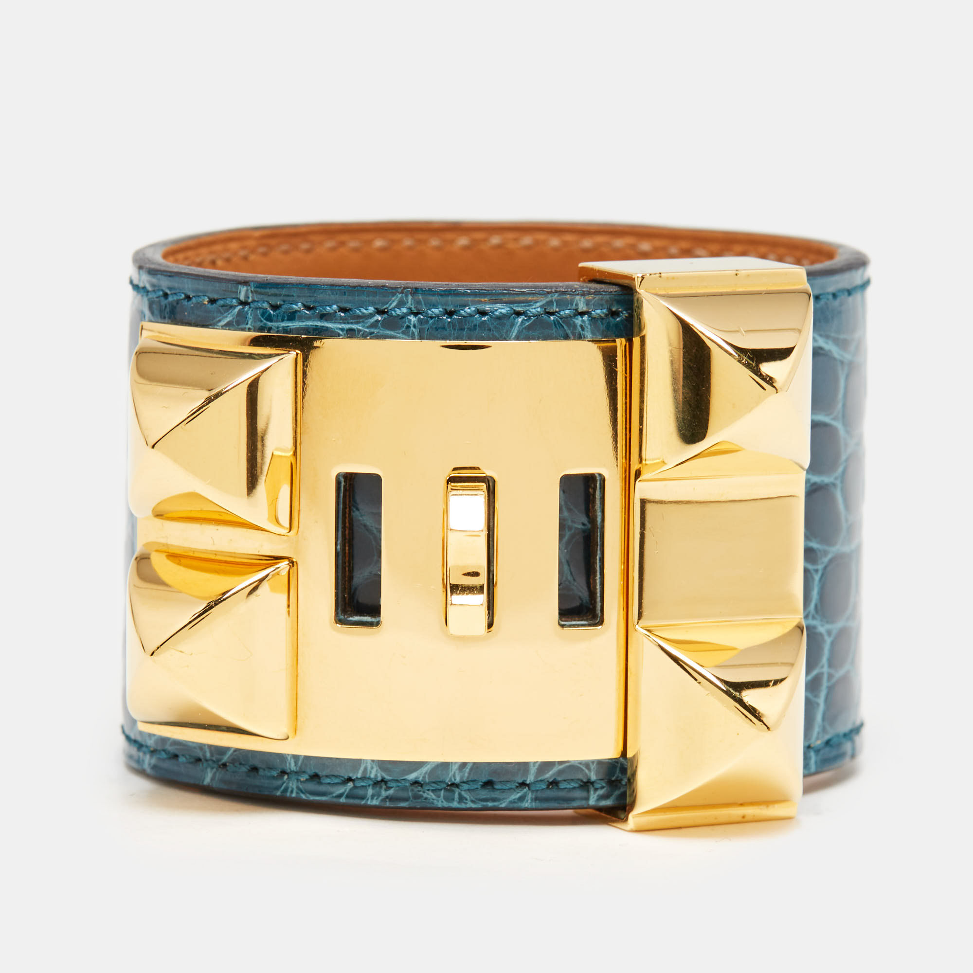 Hermes Collier De Chien Green Alligator Leather Gold Plated Bracelet