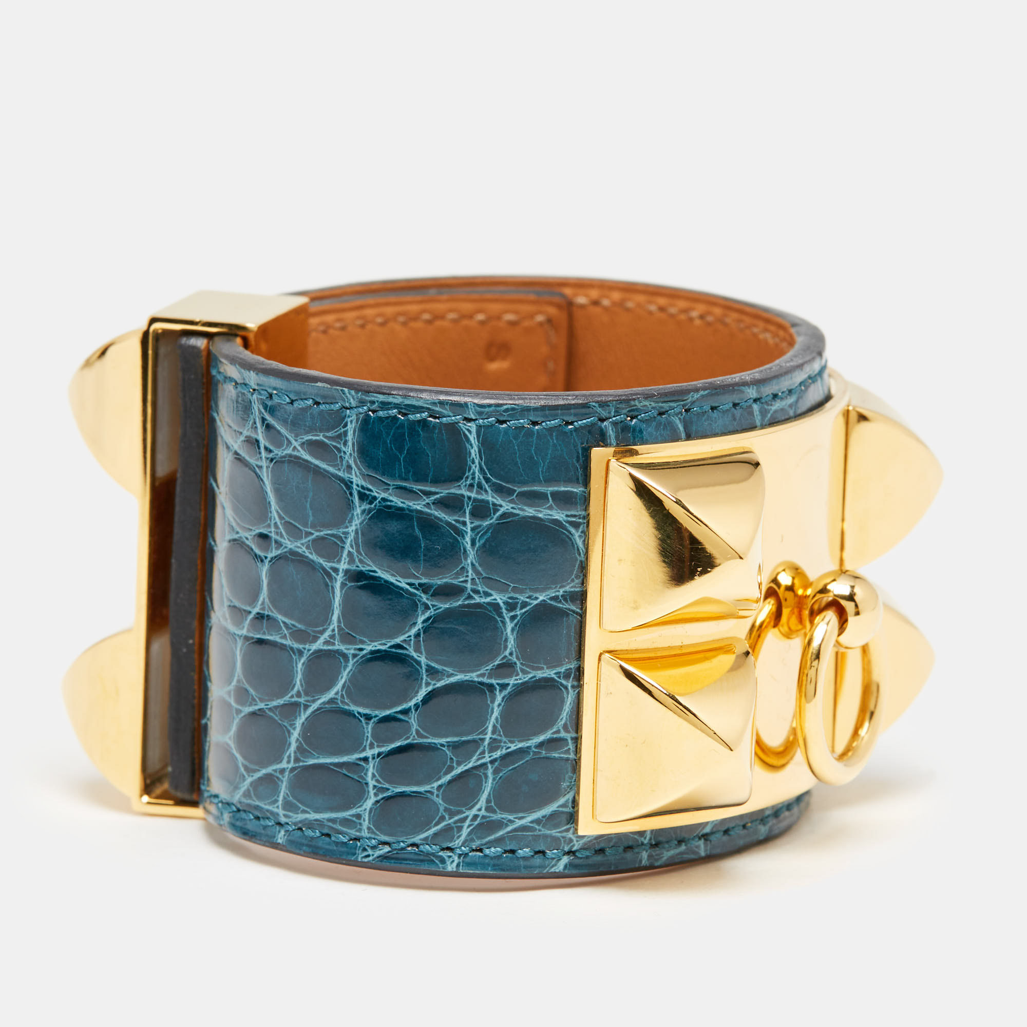 Hermes Collier De Chien Green Alligator Leather Gold Plated Bracelet