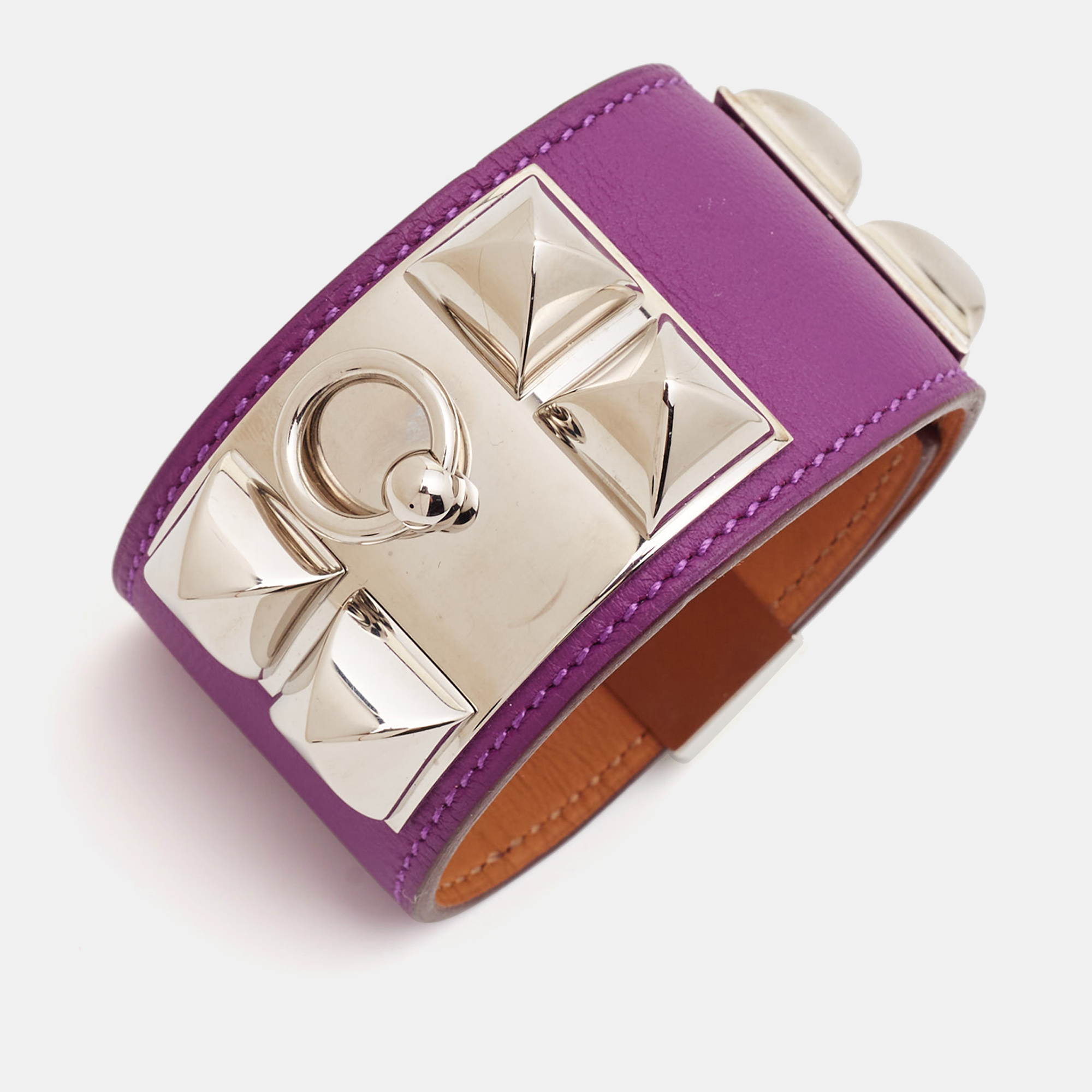 Hermes Collier De Chien Purple Leather Palladium Plated Bracelet