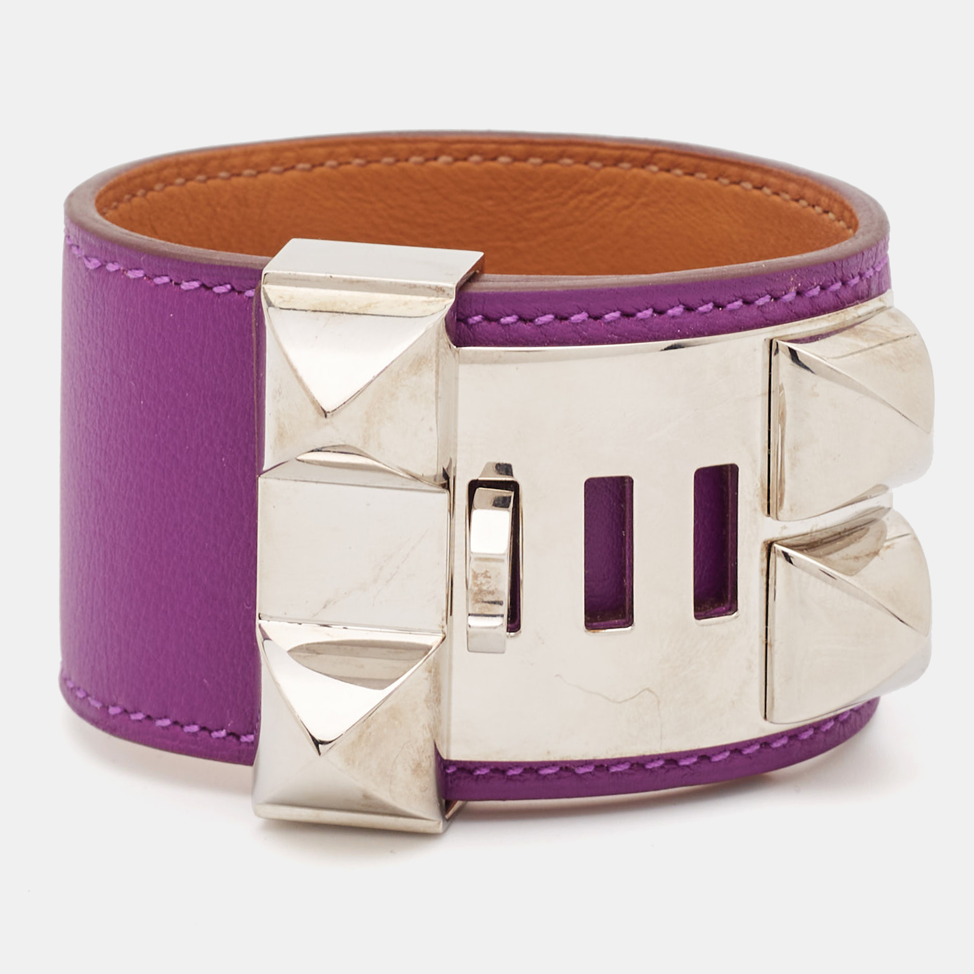 Hermes Collier De Chien Purple Leather Palladium Plated Bracelet