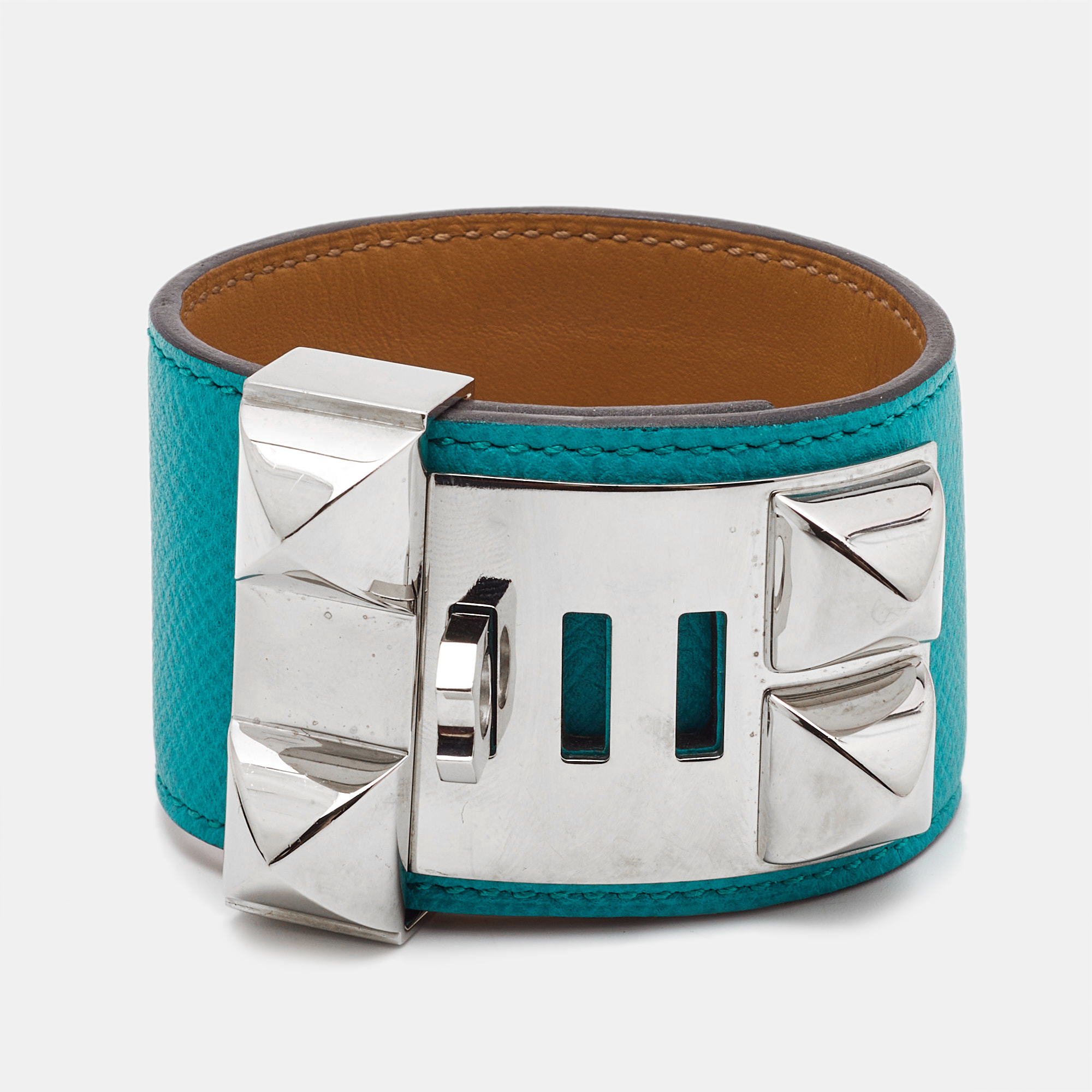 Hermes Collier De Chien Leather Palladium Plated Wide Bracelet