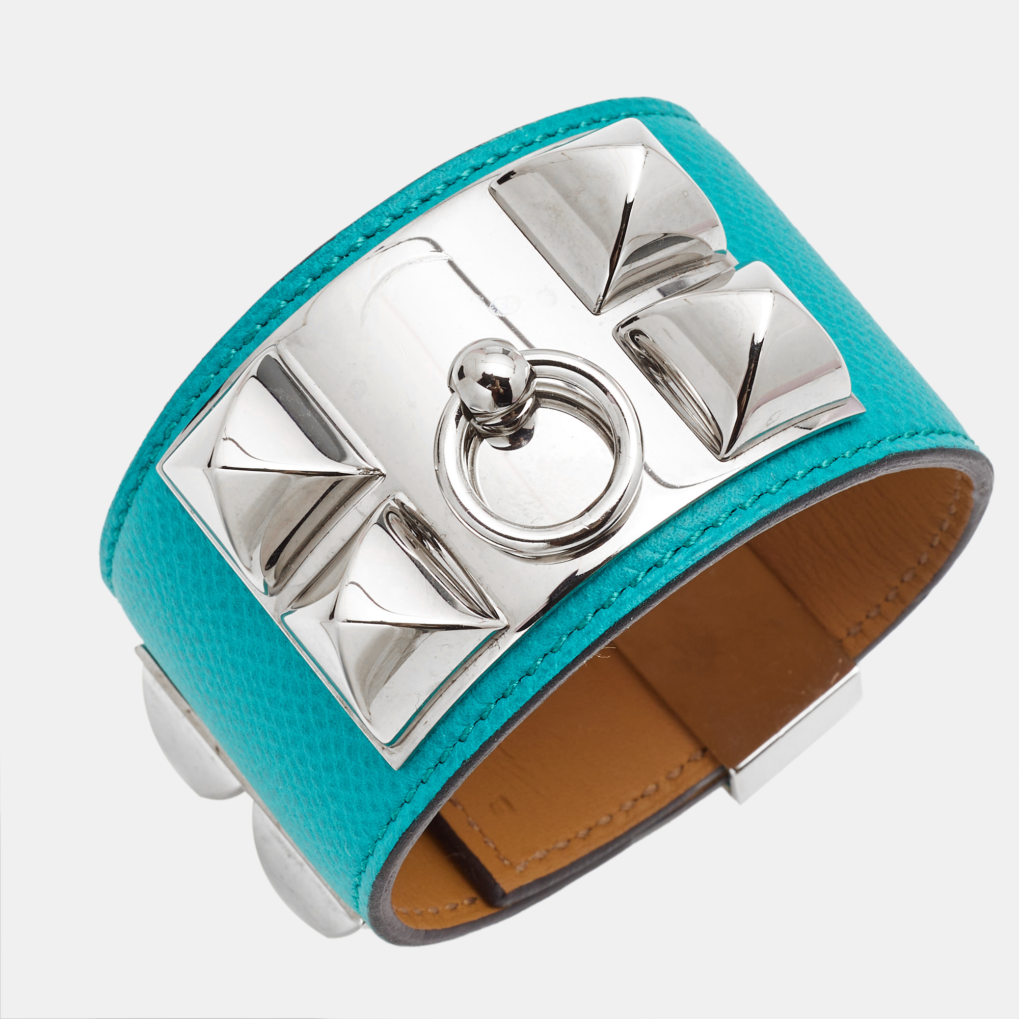 Hermes Collier De Chien Leather Palladium Plated Wide Bracelet