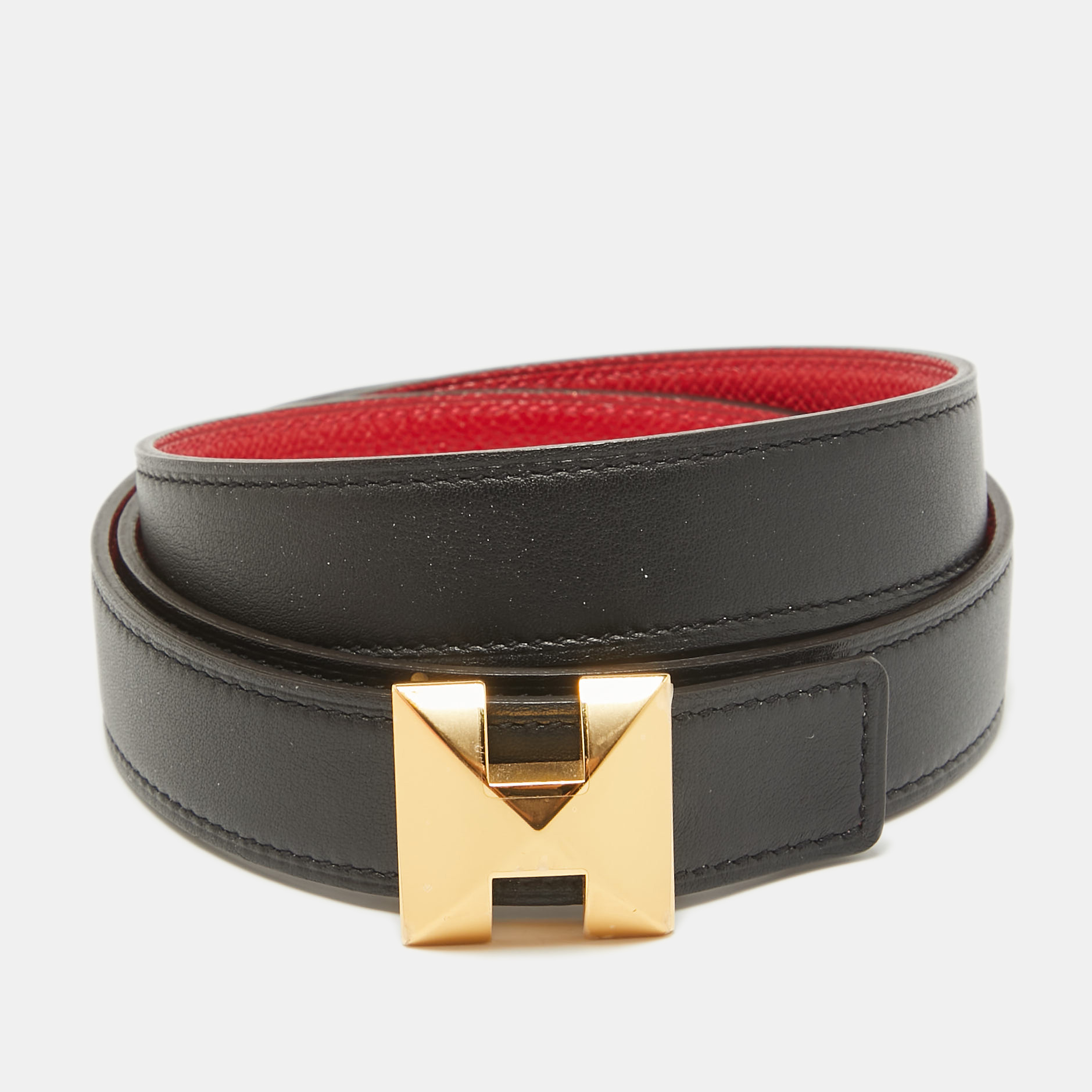 Hermes Noir/Rouge Casaque Swift And Epsom Leather Medor H Buckle Belt 90 CM