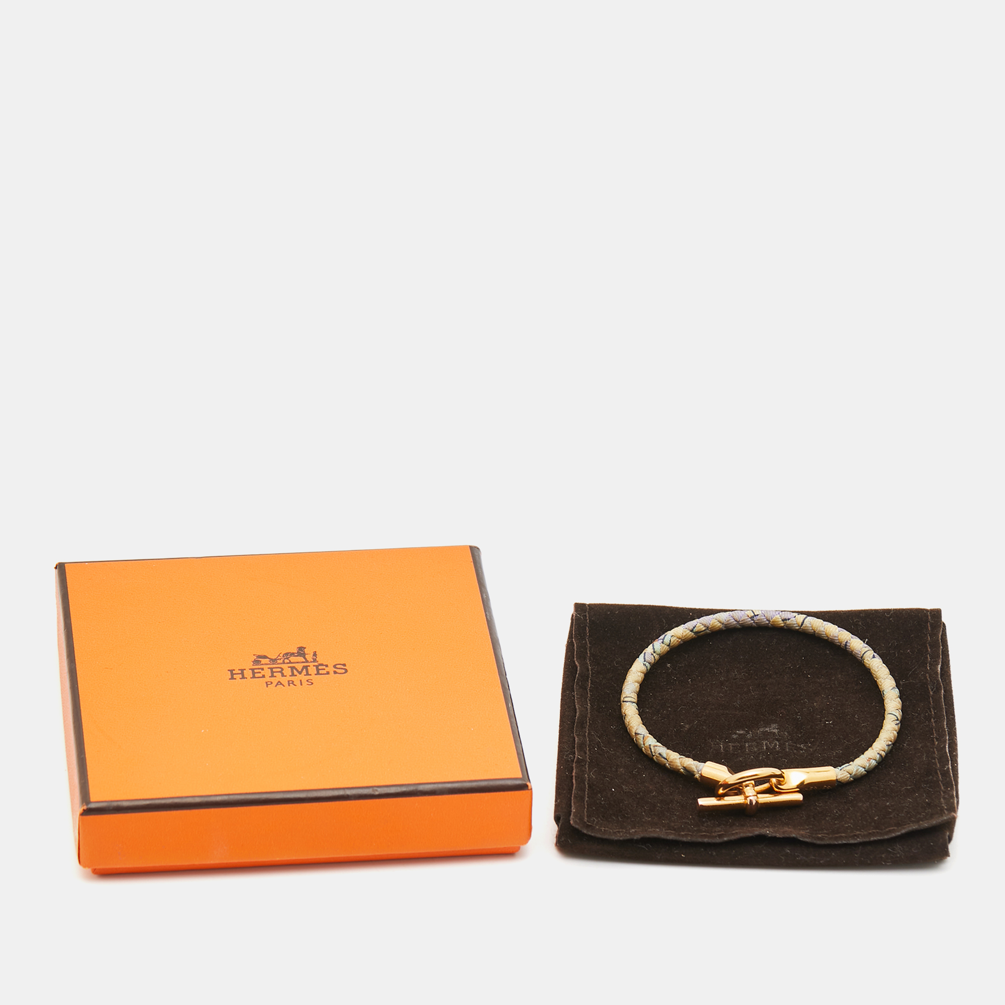 Hermes Glenan Printed Silk Gold Plated Bracelet