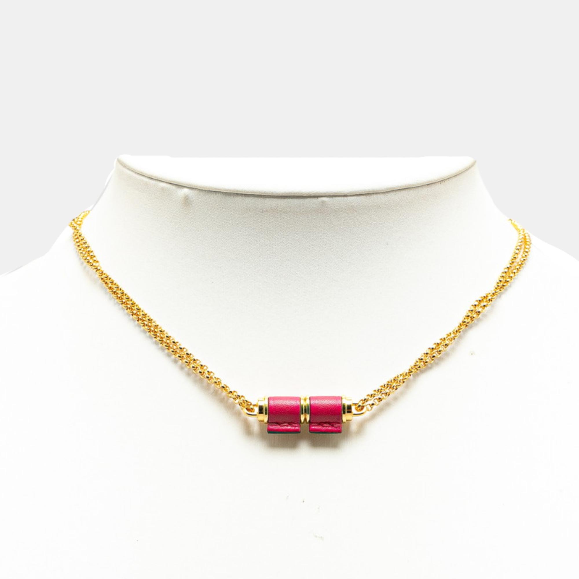 Hermes Charnieres Necklace Gold Pink Leather