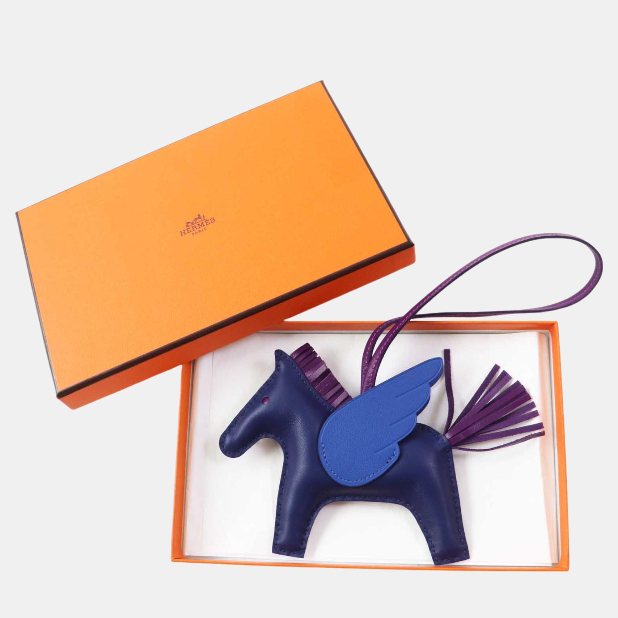 Hermes Rodeo Pegasus MM Bag Charm Blue Leather