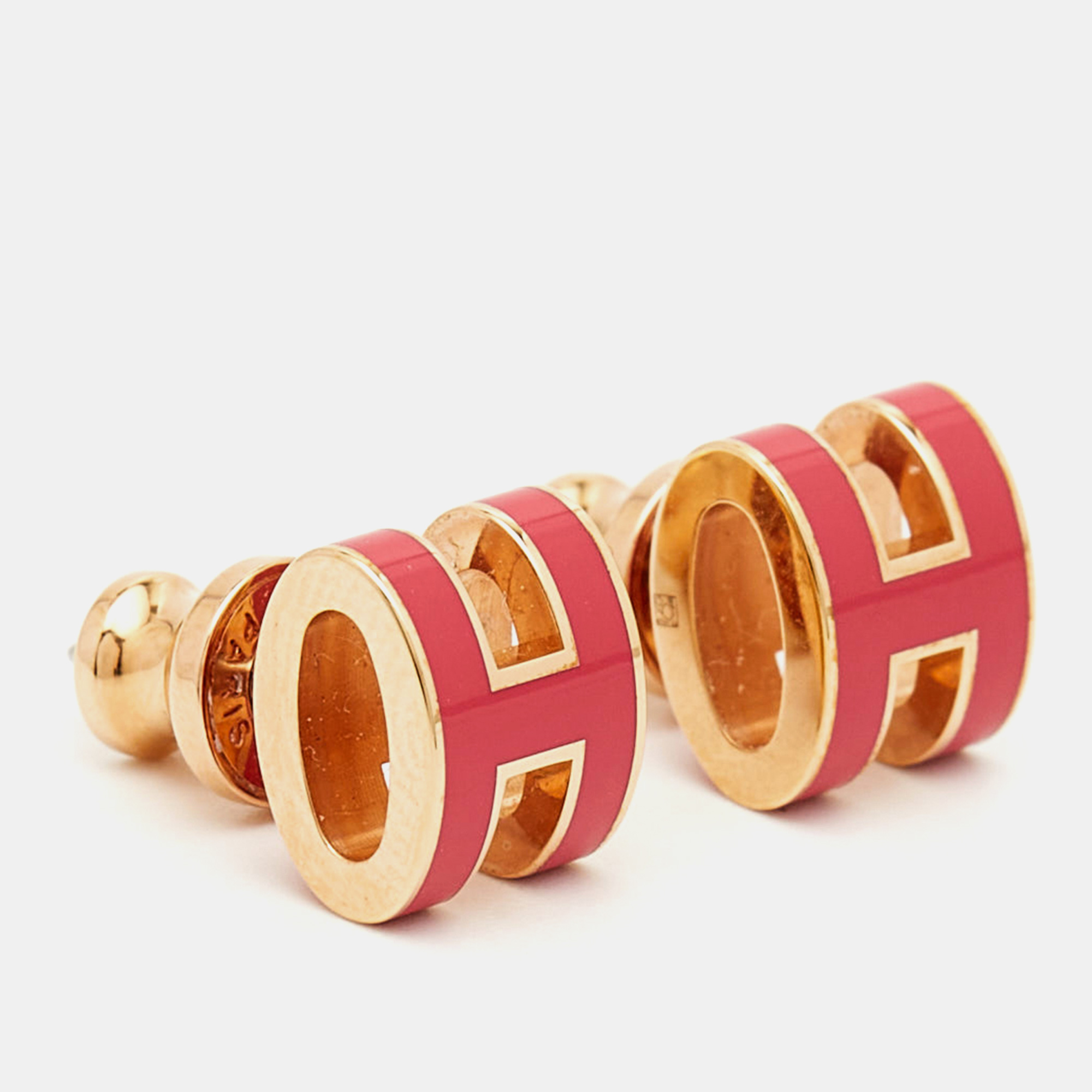 Hermès Mini Pop H Pink Enamel Gold Tone Stud Earrings