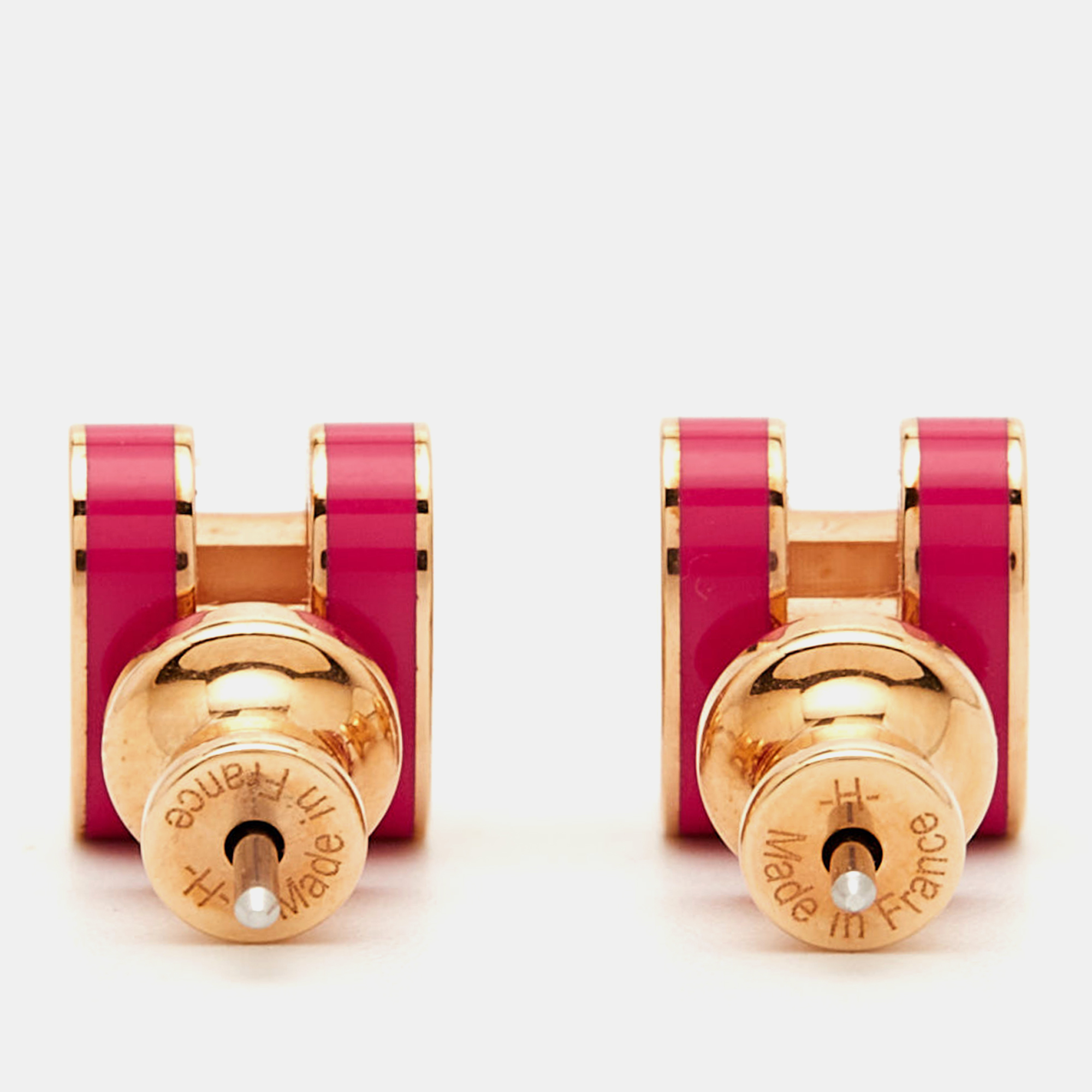 Hermès Mini Pop H Pink Enamel Gold Tone Stud Earrings