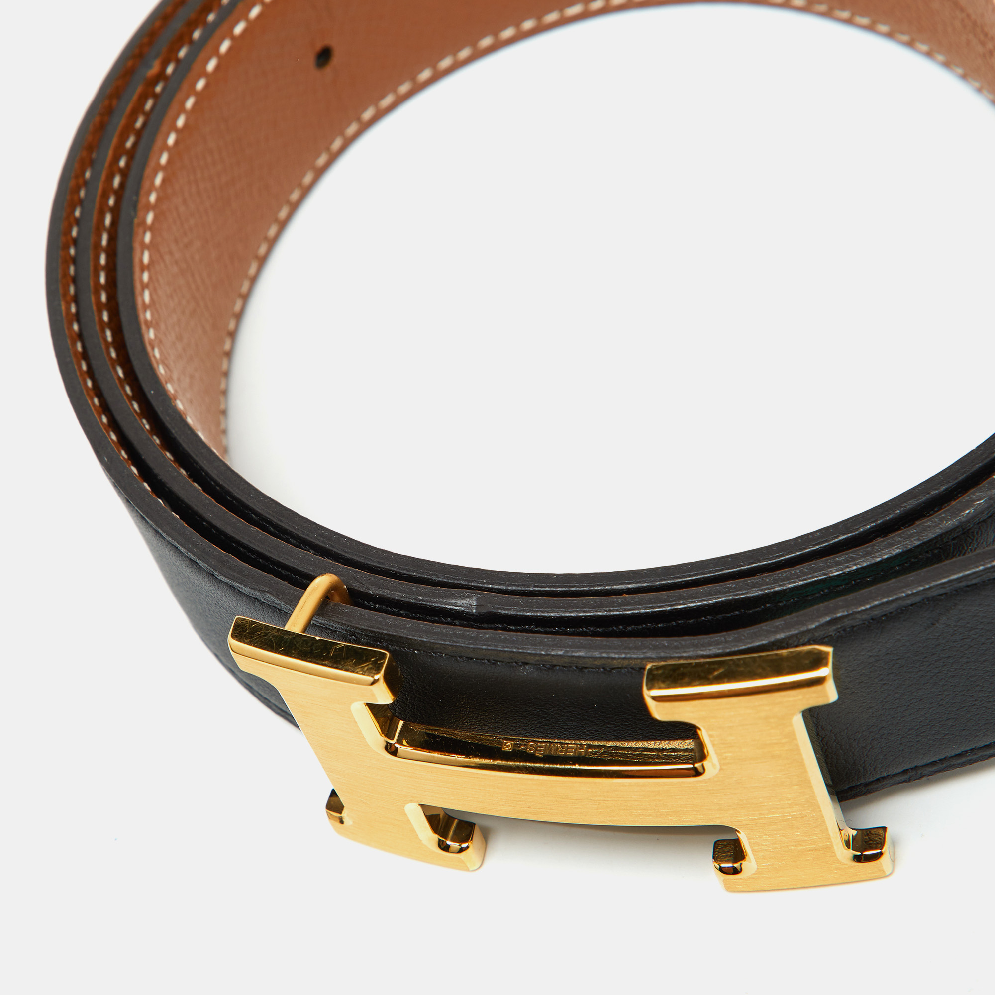 Hermes Black/Gold Swift And Epsom Leather Constance Reversible Belt 90CM