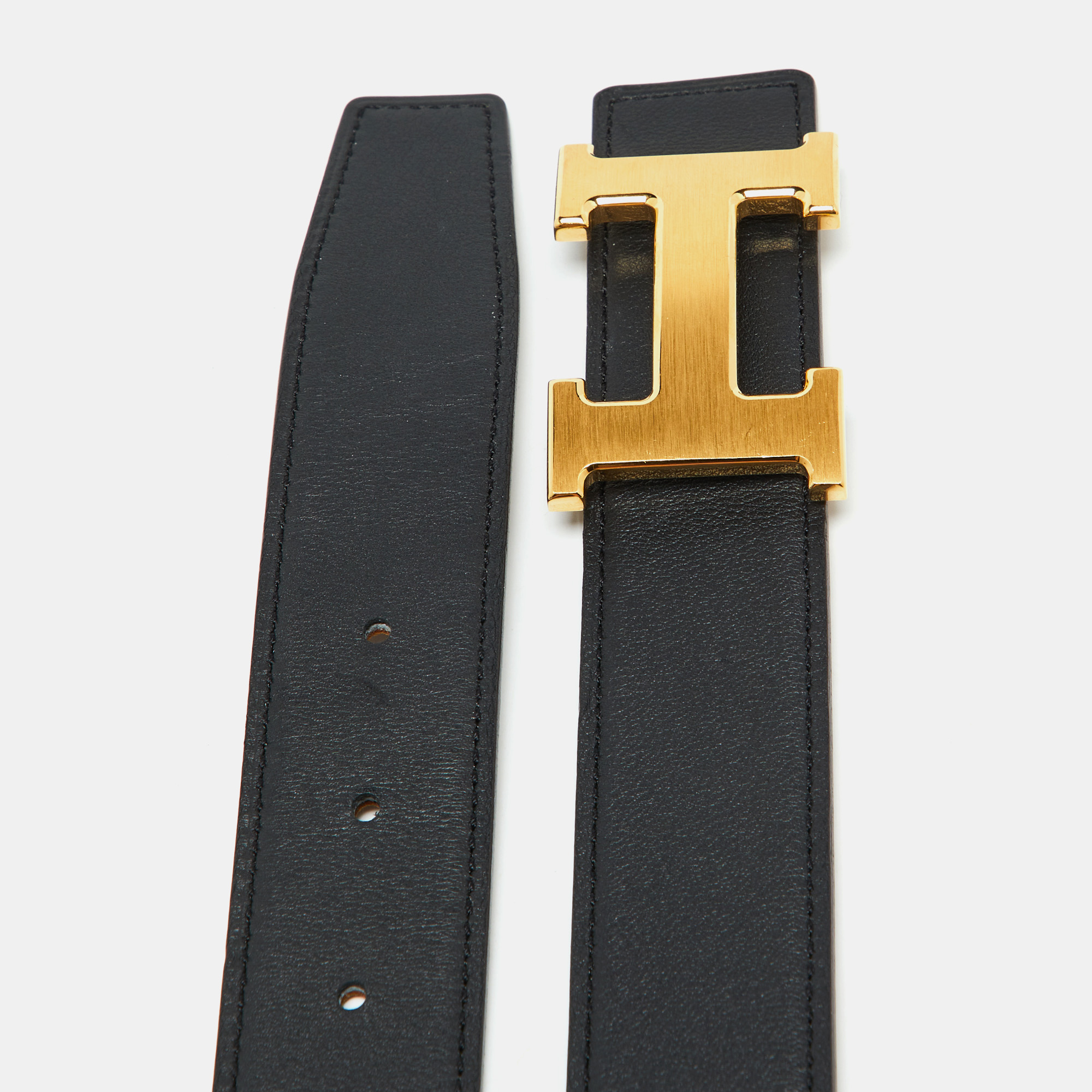 Hermes Black/Gold Swift And Epsom Leather Constance Reversible Belt 90CM