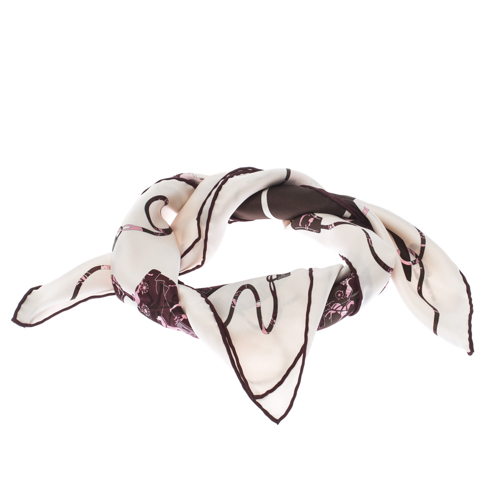 Image of Hermes Cream, Pink & Brown Printed Silk Kelly en Caleche Scarf