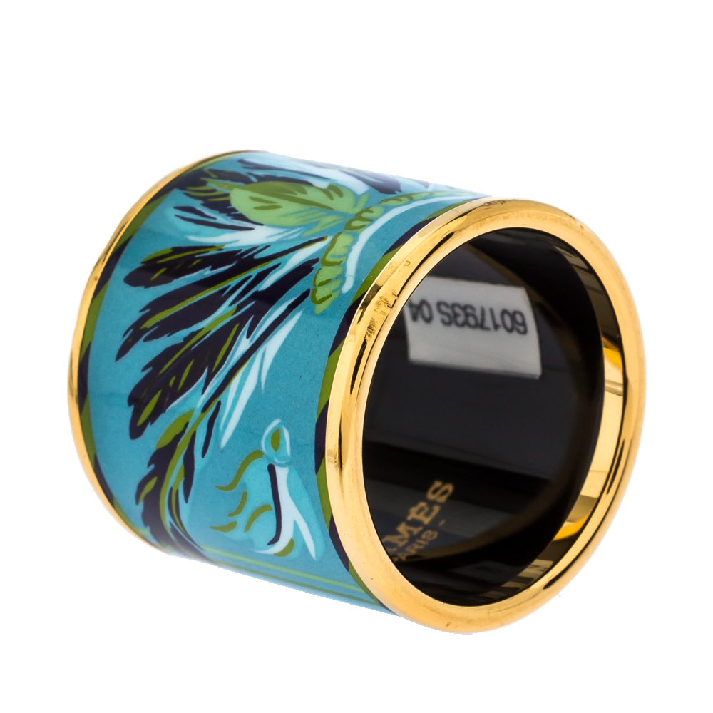 Image of Hermes Blue Feather Print Enamel Gold Plated Scarf Ring