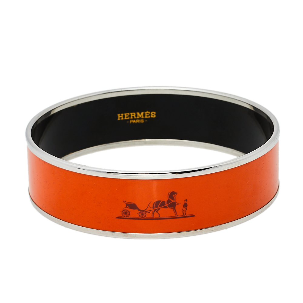 Hermès Orange Enamel Palladium Plated Caleche Bangle Bracelet