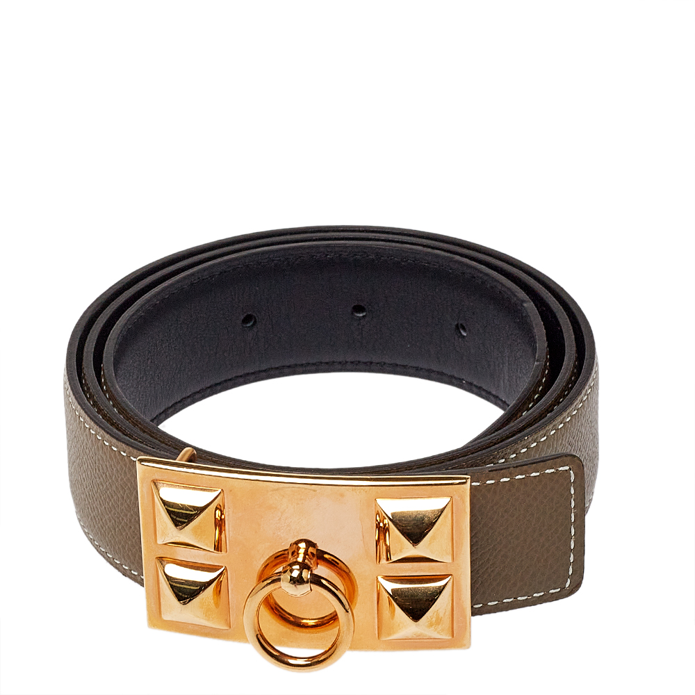 

Hermes Etoupe/Noir Epsom and Swift Leather Collier De Chien Reversible Belt, Beige