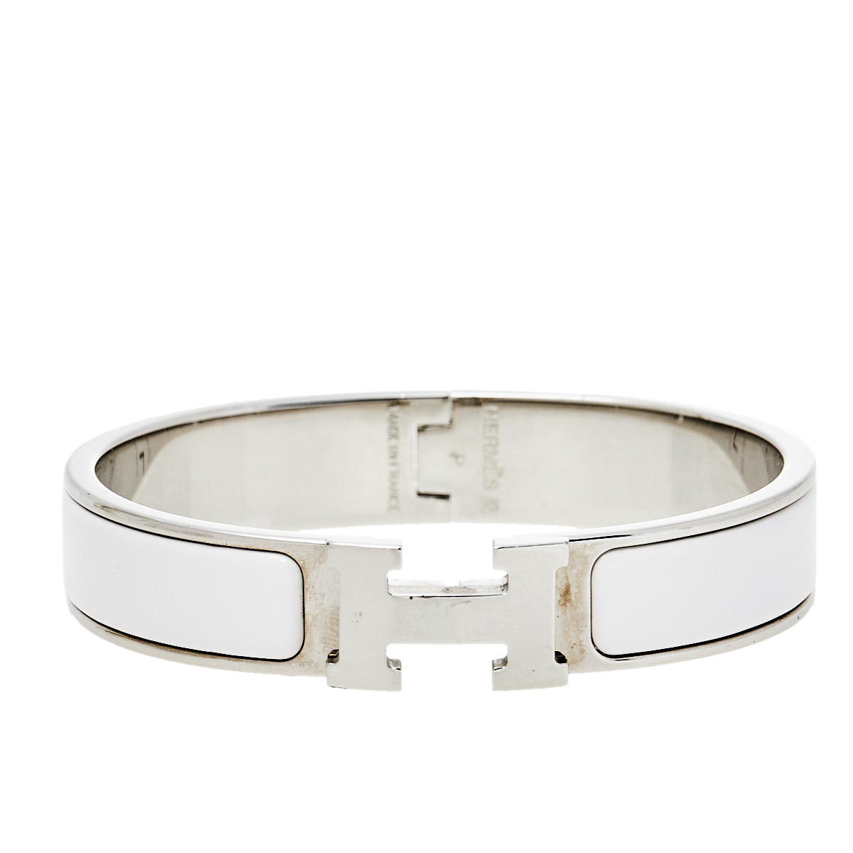 Hermès Clic H White Enamel Palladium Plated Narrow Bracelet PM
