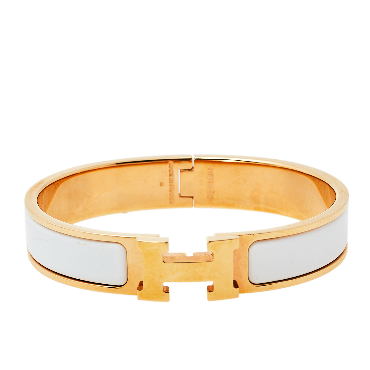 Hermès Clic H White Enamel Rose Gold Plated Narrow Bracelet PM