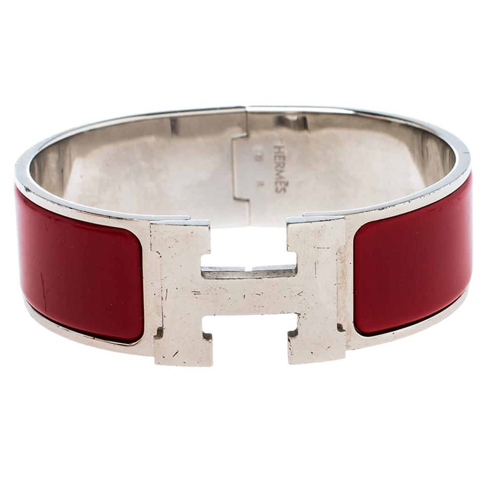 Hermès Clic Clac H Red Enamel Palladium Plated Wide Bracelet GM