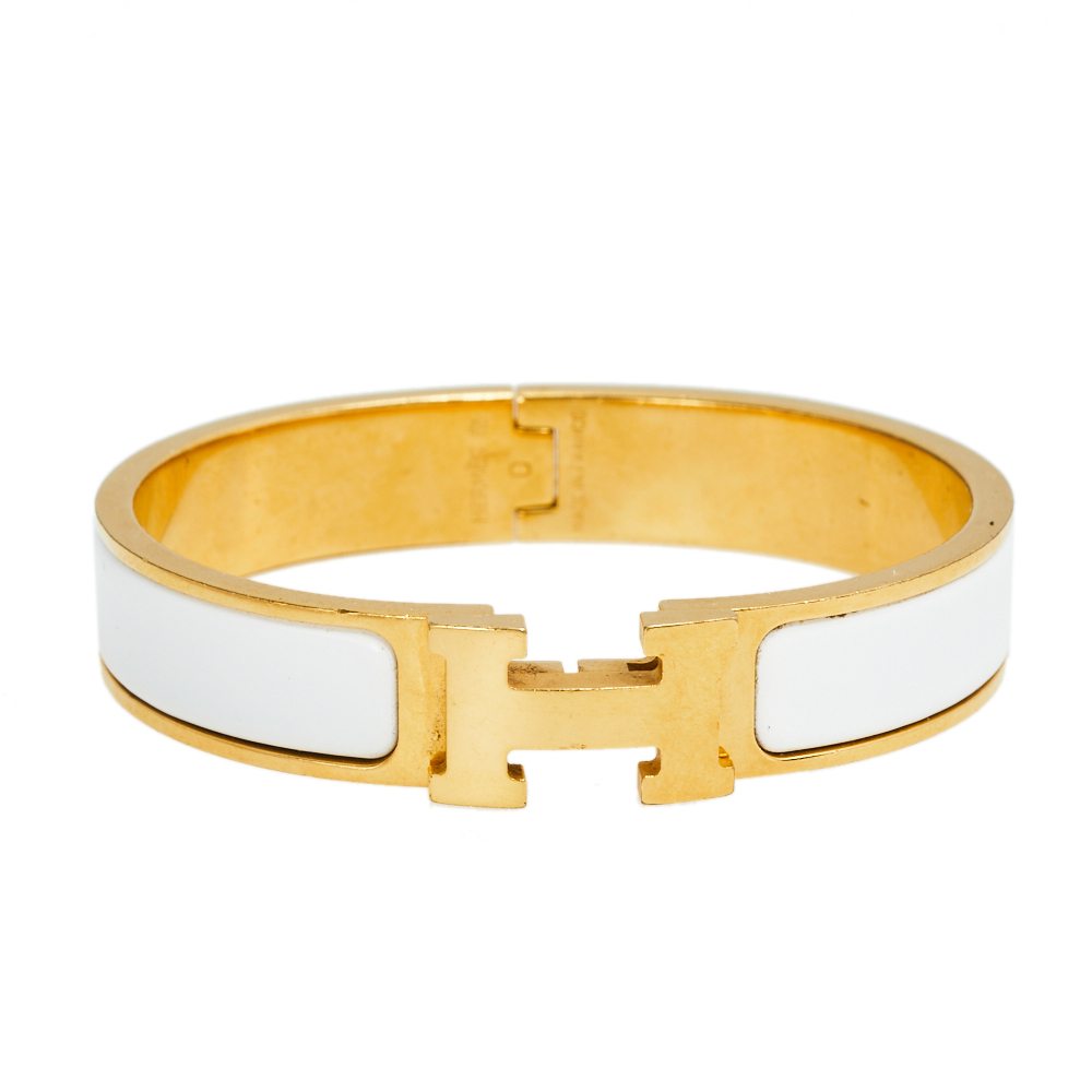 Hermes Clic H Gold Plated White Enamel Cuff Bracelet